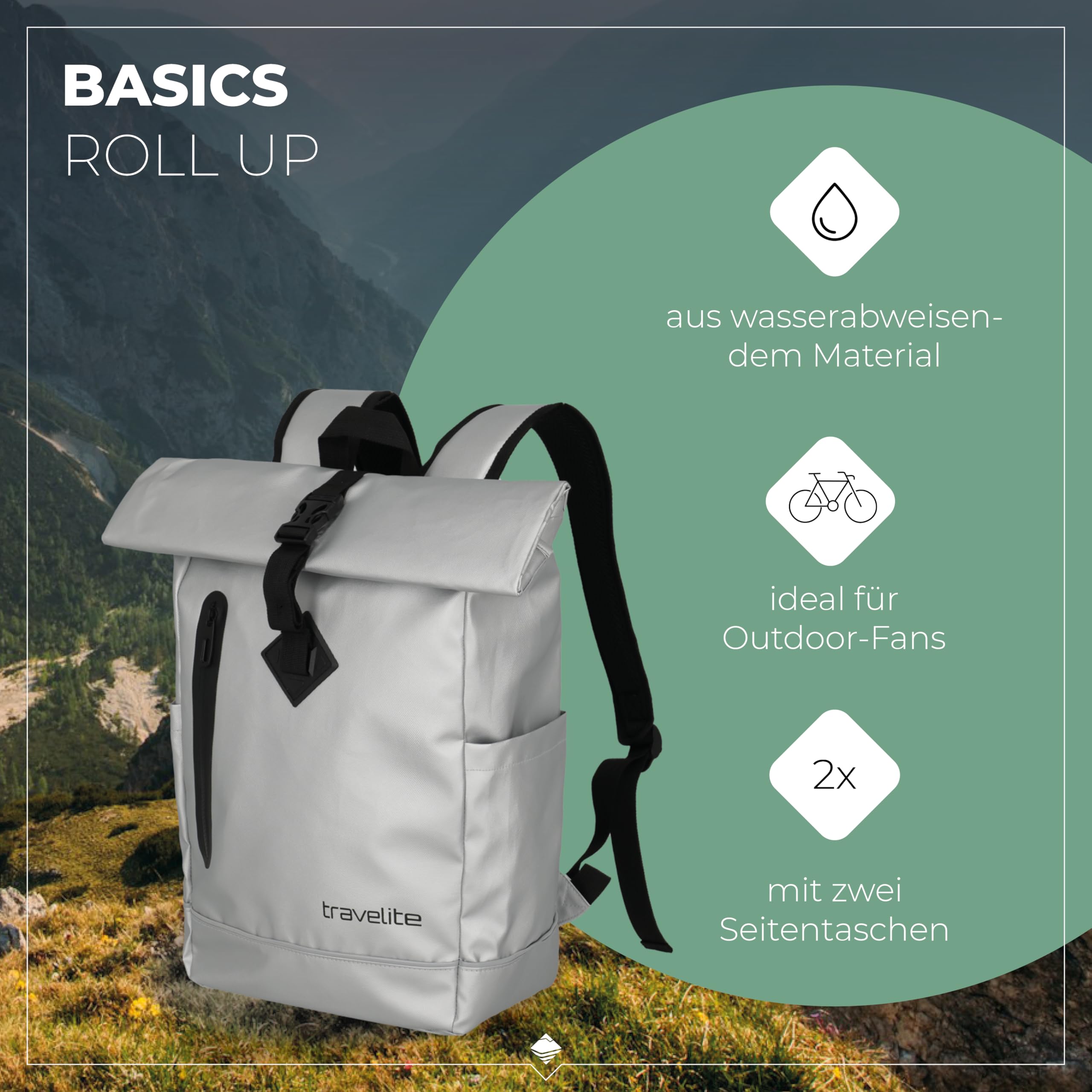 Travelite Rolltop Rucksack wasserfest, Fahrradrucksack, Freizeitrucksack mit Rolltop Verschluss & Reflektoren, BASICS, 48 cm, 19 Liter