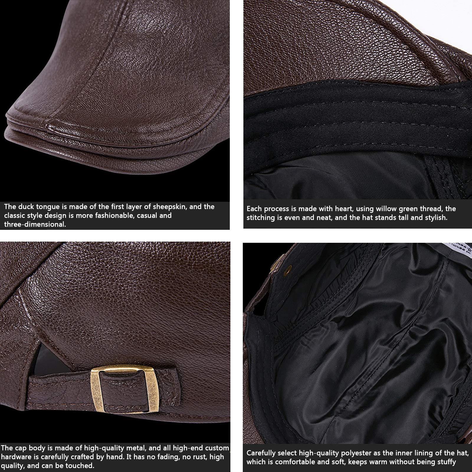 Cappelli Invernali, Berretto da Uomo in Pelle, Berretto da Baseball in Pelle di Pecora, Berretto da Golf Maschile Invernale(Black-59-60cm)