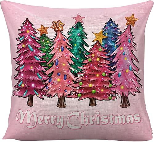 Funda de almohada rosa con patrón de árbol de Navidad colorido para sofá, cama, sofá, funda de almohada rosa para sala de estar, funda de cojín de