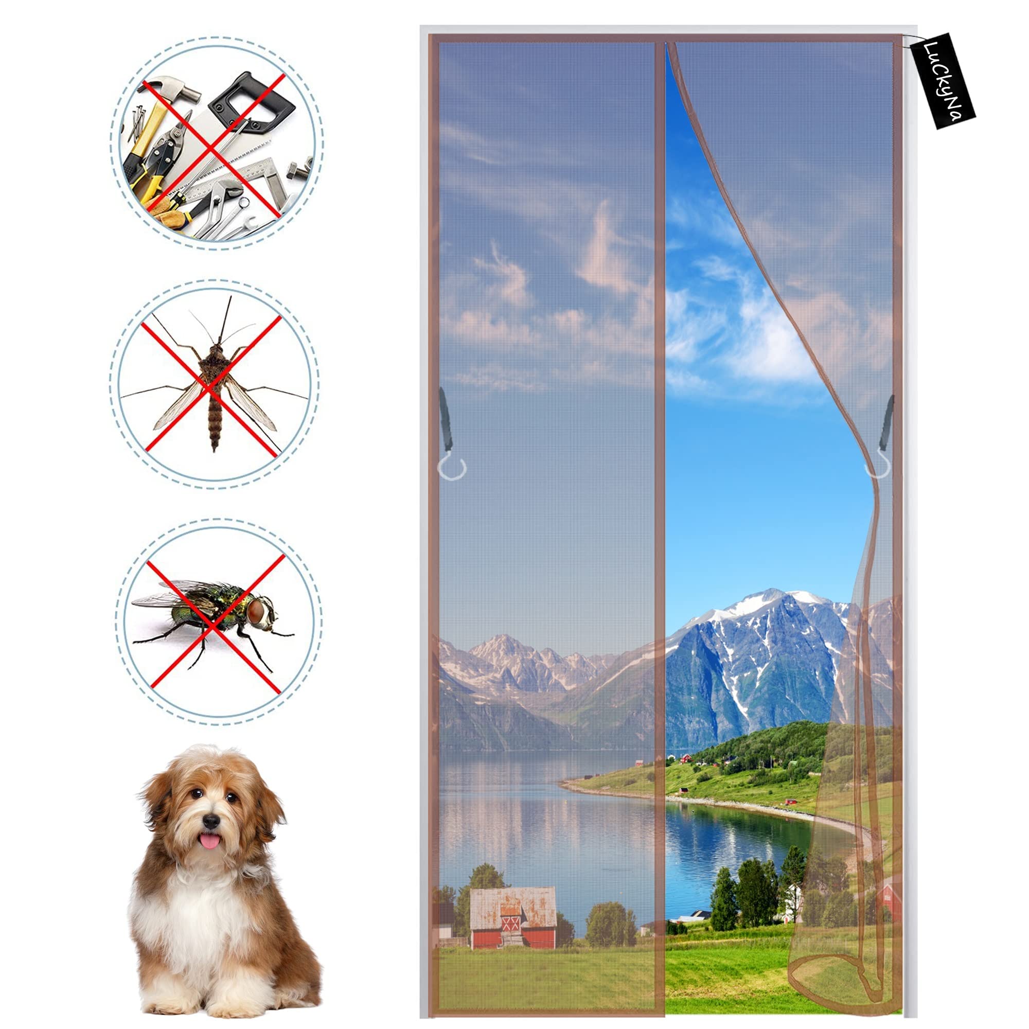 Luckyna Brown Fly Magnetic Door Screen 180X200cm(71X79inch) Magnetic Insect Door Screen - From Top To Bottom Ultra Seal Magnets Close Automatically - For Patio Balcony Garage Apartment Door