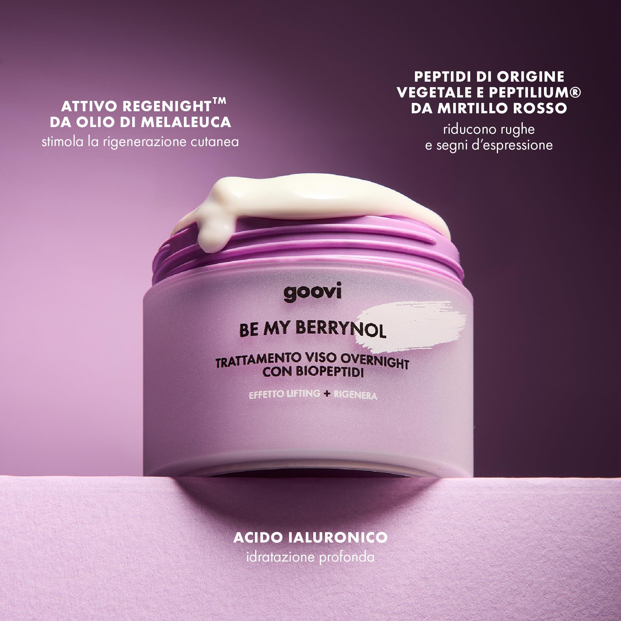 Goovi, Be My Berrynol, Trattamento Overnight con Biopeptidi Rigenerante e Rimpolpante, Distende la pelle Effetto Lifting, Formula Naturale per ridurre le Rughe e Segni di Espressione, Vegan, 50 ml