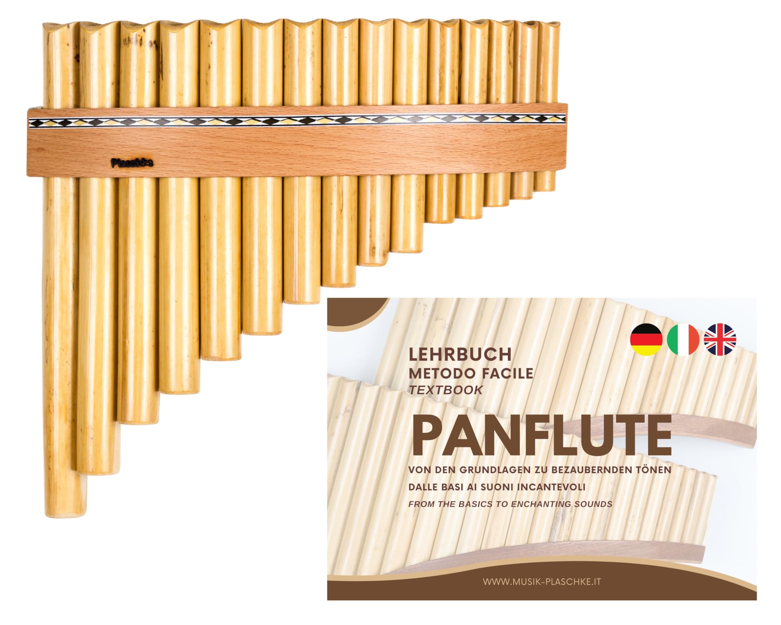 Plaschke Panflöte, Holzriemen Design, handgemacht mit Lehrbuch, 15 Rohre C-Dur