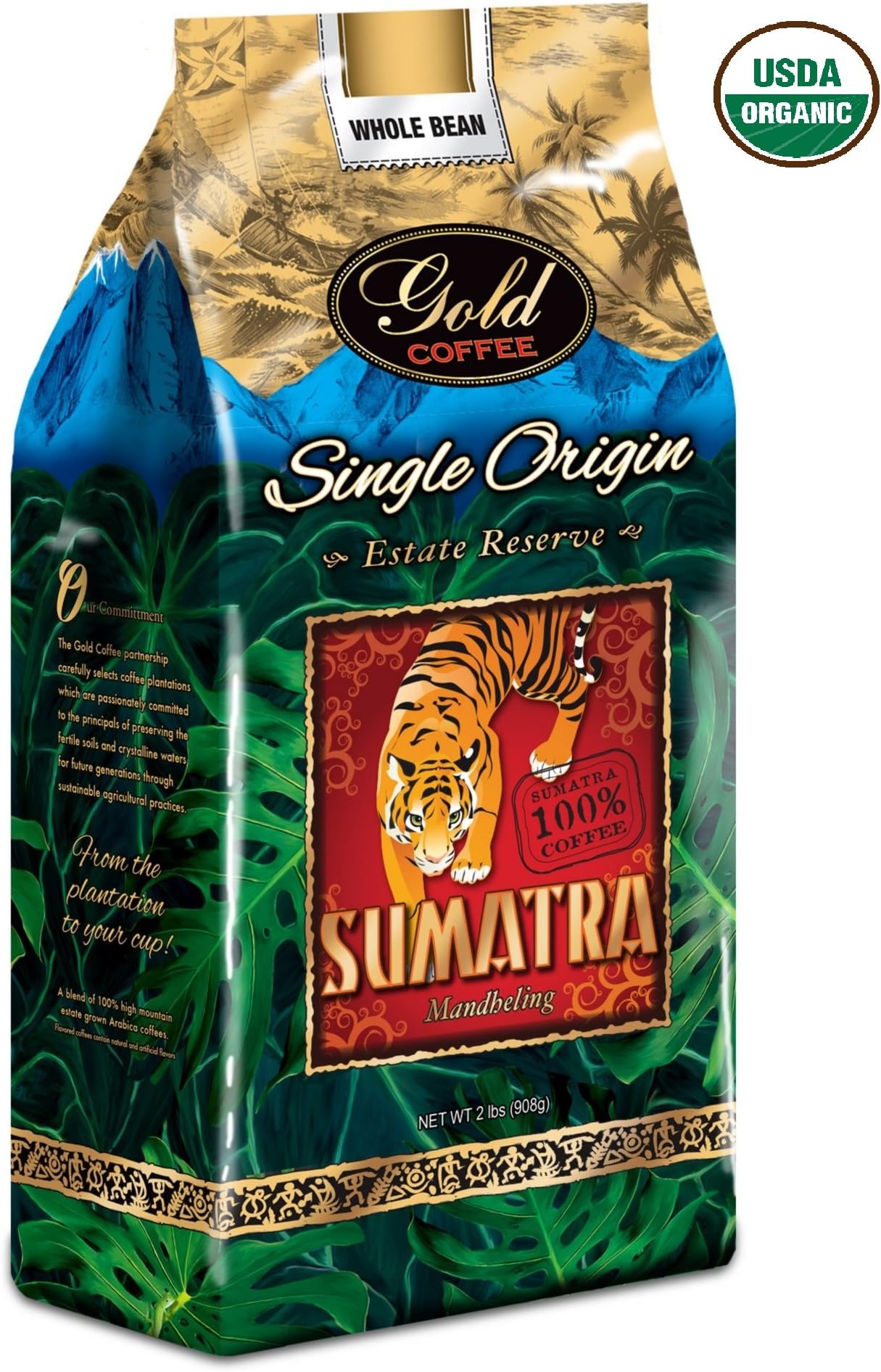 Sumatra - Organic Gold Coffee Single Origin Estate Reserve Bean Coffee 2 LBS (908 g)