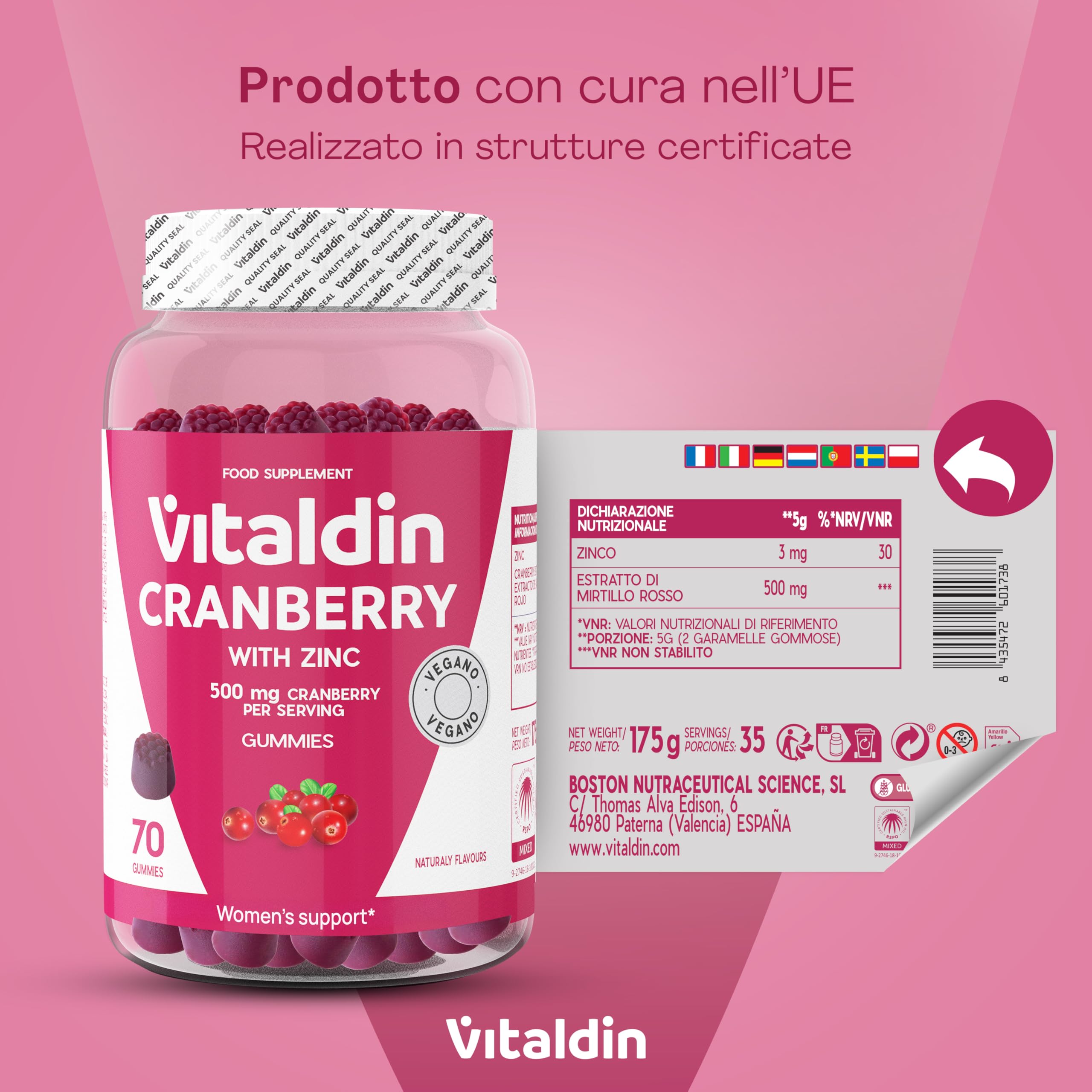 VITALDIN Cranberry Gummies – Integratore di 500 mg di estratto di Mirtillo Rosso + Zinco – 70 Caramelle Gommose, Gusto Mirtilli Rossi – Aiuto delle Vie Urinarie – Vegano