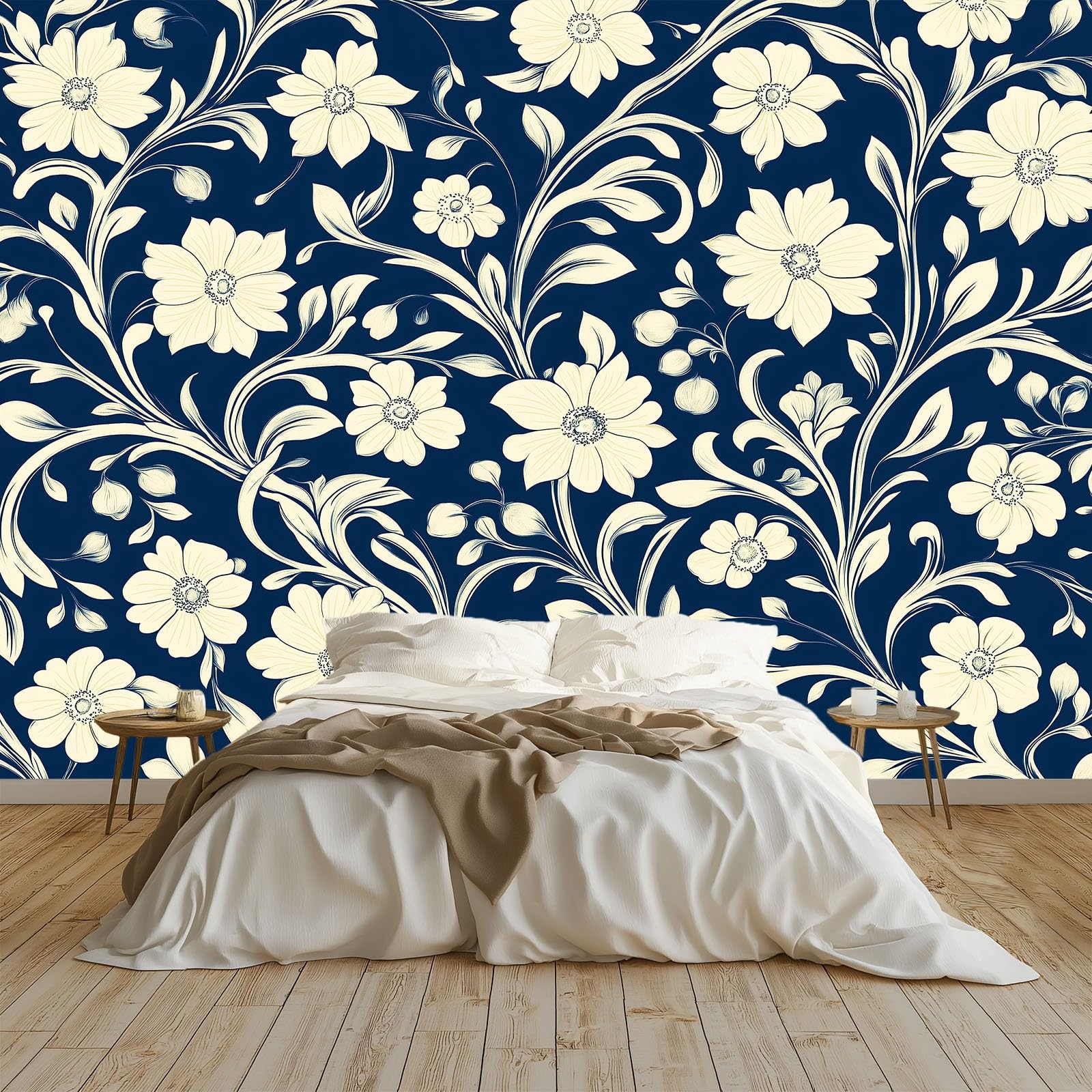 Tapeta ścienna w stylu retro, liście roślin pnących, fototapeta, granatowa, tapeta ścienna, 250 x 175 cm (szer. x wys.), dekoracja ścienna, tapeta ścienna, dekoracja ścienna, tapeta do salonu