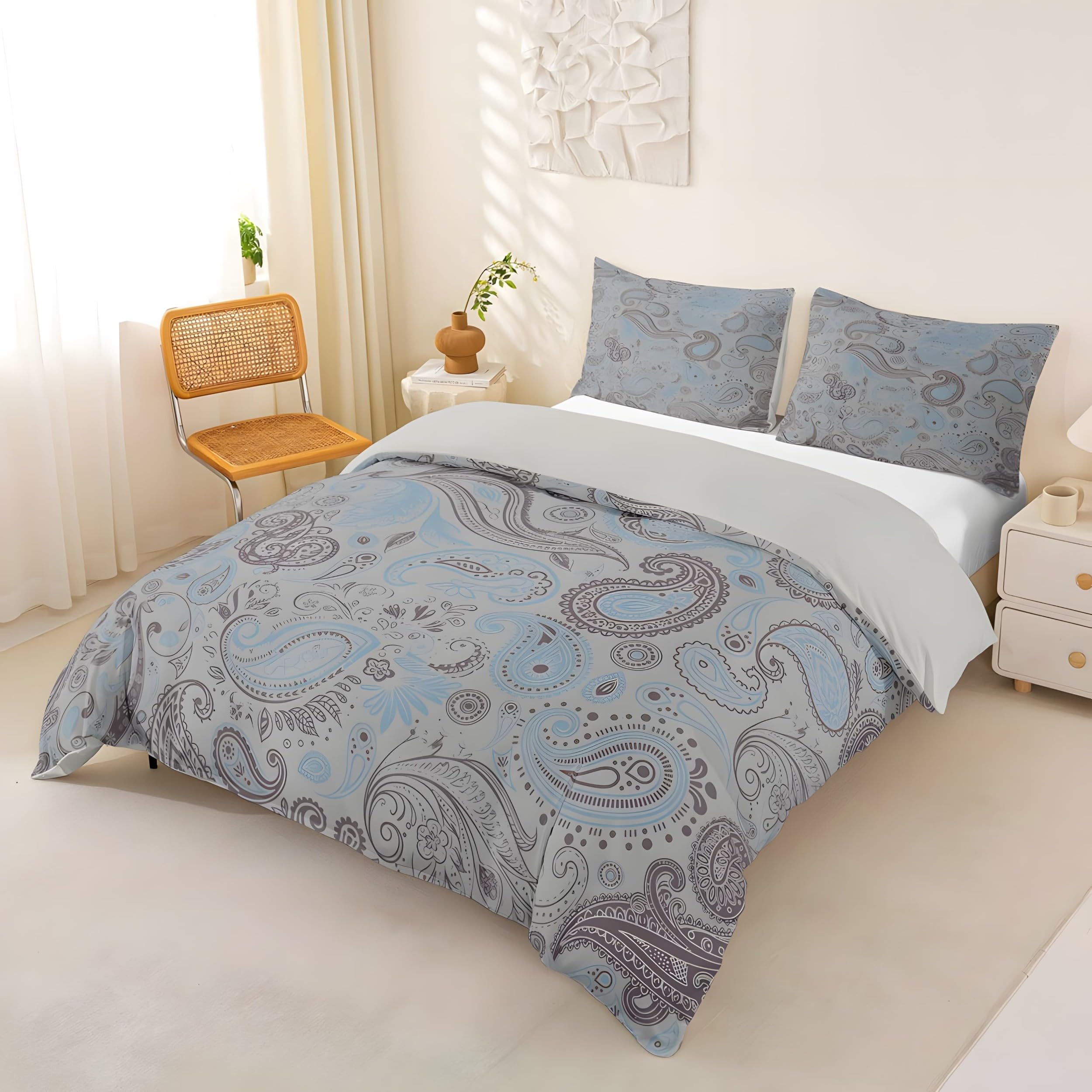 YZQGLHP Paisley Pattern King Duvet Cover Set 225x220cm Blue-Grey Pattern Soft Fluffy Microfiber King Size Bedding, Easy Care Quilt Cover with Zipper & 2 Pillowcases 50x75cm