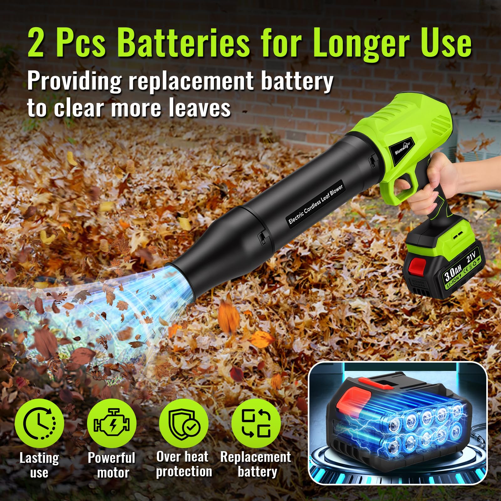 Blumway Soplador de hojas inalámbrico, soplador de hojas manual, 3 boquillas de extensión, motor mejorado, 21 V, 2 unidades, soplador eléctrico de hojas para el cuidado del césped, jardín