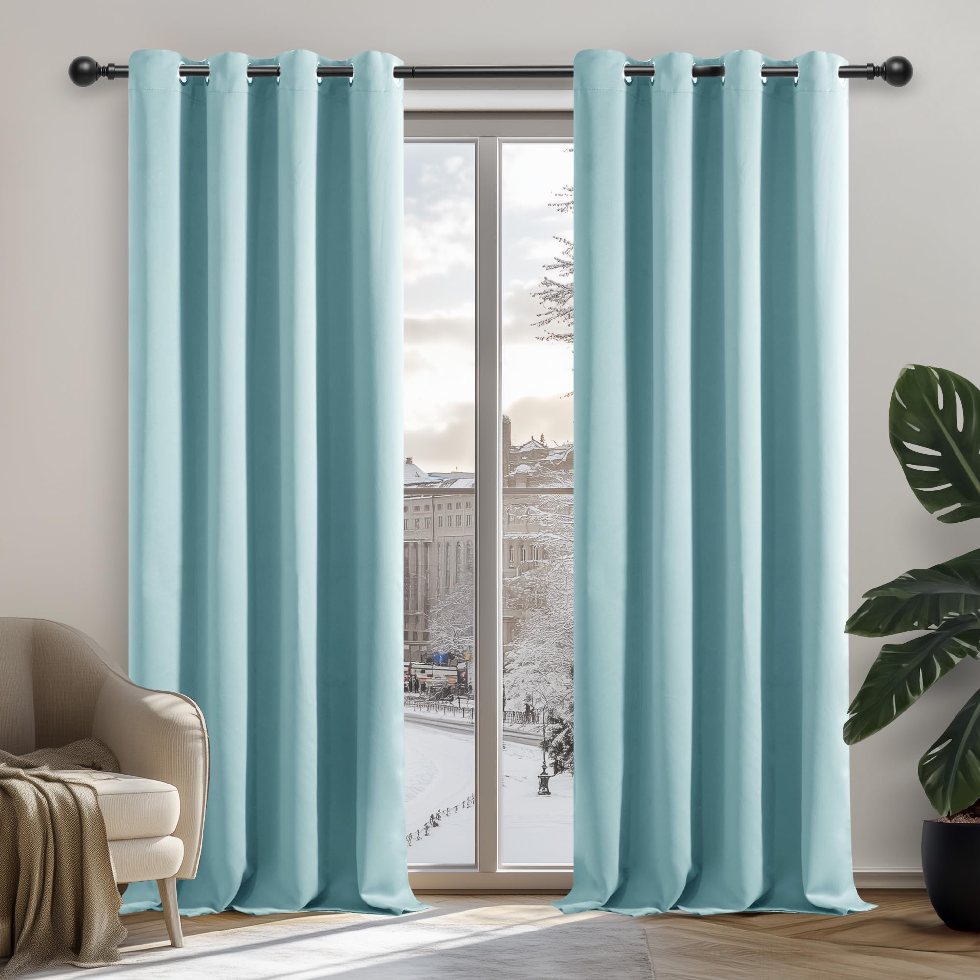 Deconovo - Tende oscuranti termiche, anti freddo, dal design moderno con occhielli, tende per salone e camera da letto, da 107 x 242 cm (larghezza x altezza), set da 2 pezzi, colore azzurro