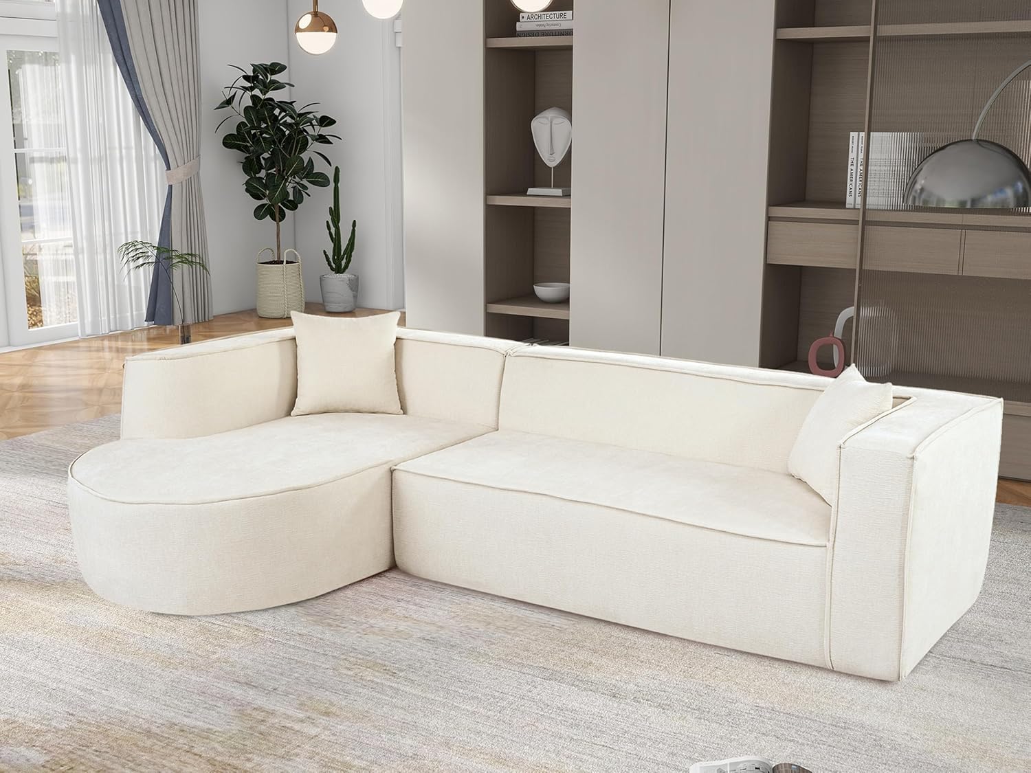 kevinplus 109.2'' Curved Sectional Sofa Fully Compressed High-Density Sponge Couch with Chaise Lounge for Living Room, Chenille Fabric, No Wood Structure & No Assembly, 72 Hour Rebound, Beige