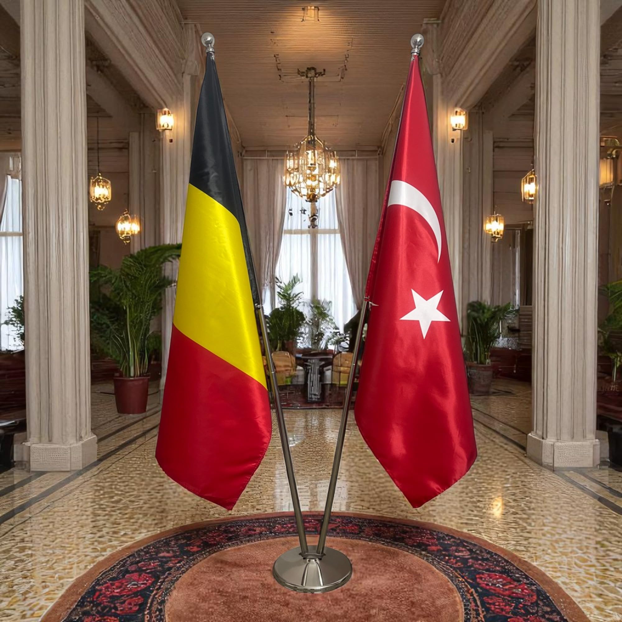Flagge Belgien und Türkei mit Fahnenmast und Fuß, Büroflaggen, Flaggen auf Hampes, CN3-BE-TR