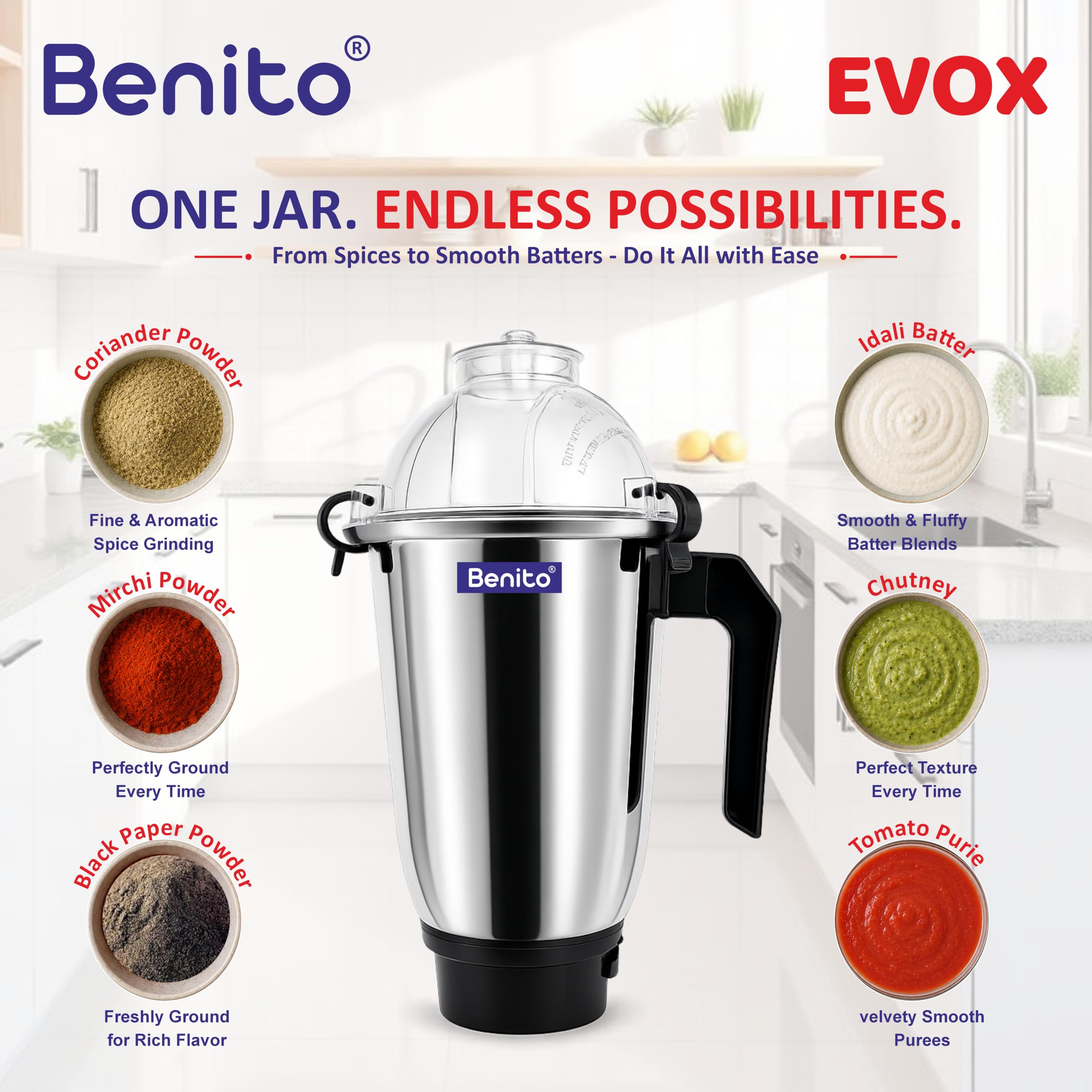 Benito Evox Stainless Steel Dry & Wet Jar (1500ml) for Mixer Grinder – Compatible with 4-Teeth Coupler & Dual Locking System — Amazon image 5