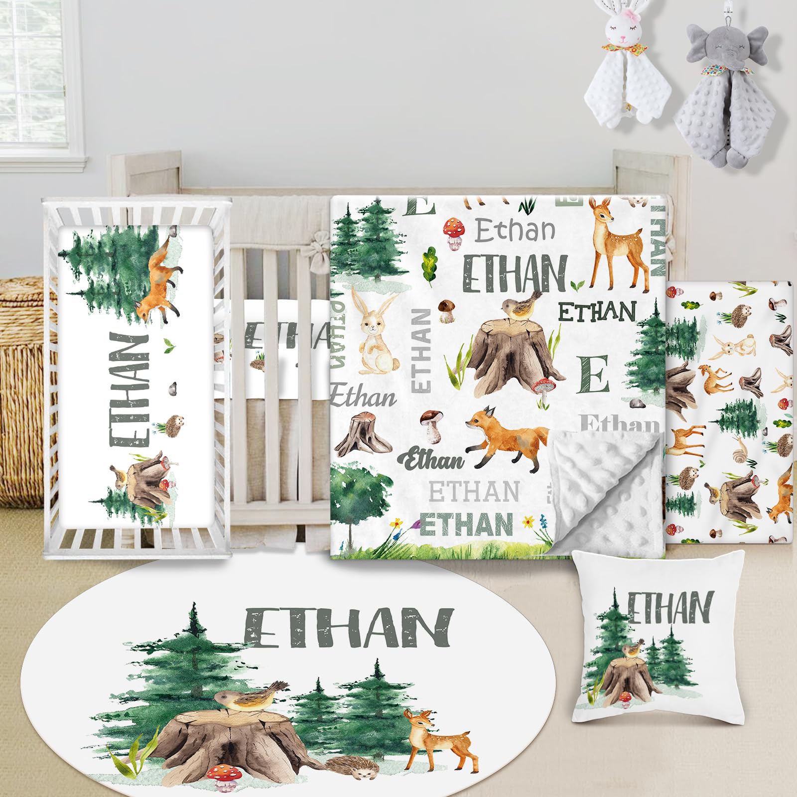 Individuelles Baby-Bettwäsche-Set – 5-teiliges Kinderzimmer-Bettwäsche-Set mit Waldtier-Design, personalisierte Namensdecke mit gepunkteter Rückseite, Kinderbettlaken, Wickelunterlage, Kissenbezug,