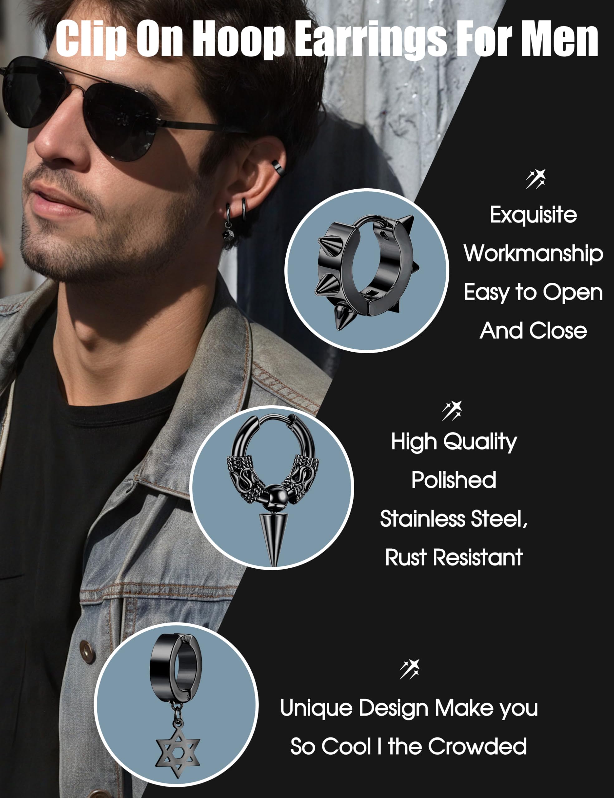 Diamday 25 Pezzi Clip Orecchini per Uomo Acciaio Inossidabile Croce Catena Orecchini Dangle Nero Huggie Cerchio Orecchini Non Pierced Punk Gotico Kpop Orecchini Set