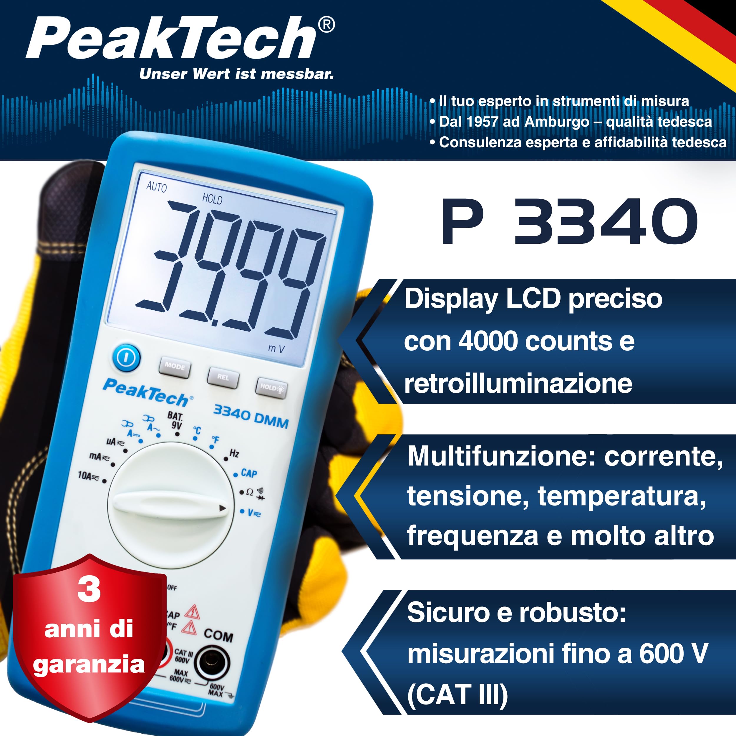 PeakTech 3340 – Multimetro digitale True RMS con Schermo LCD extra large, 4000 conteggi, Autorange, REL, Data-Hold, Voltmetro, Tester di continuità, Strumento di misura - CAT III 600 V