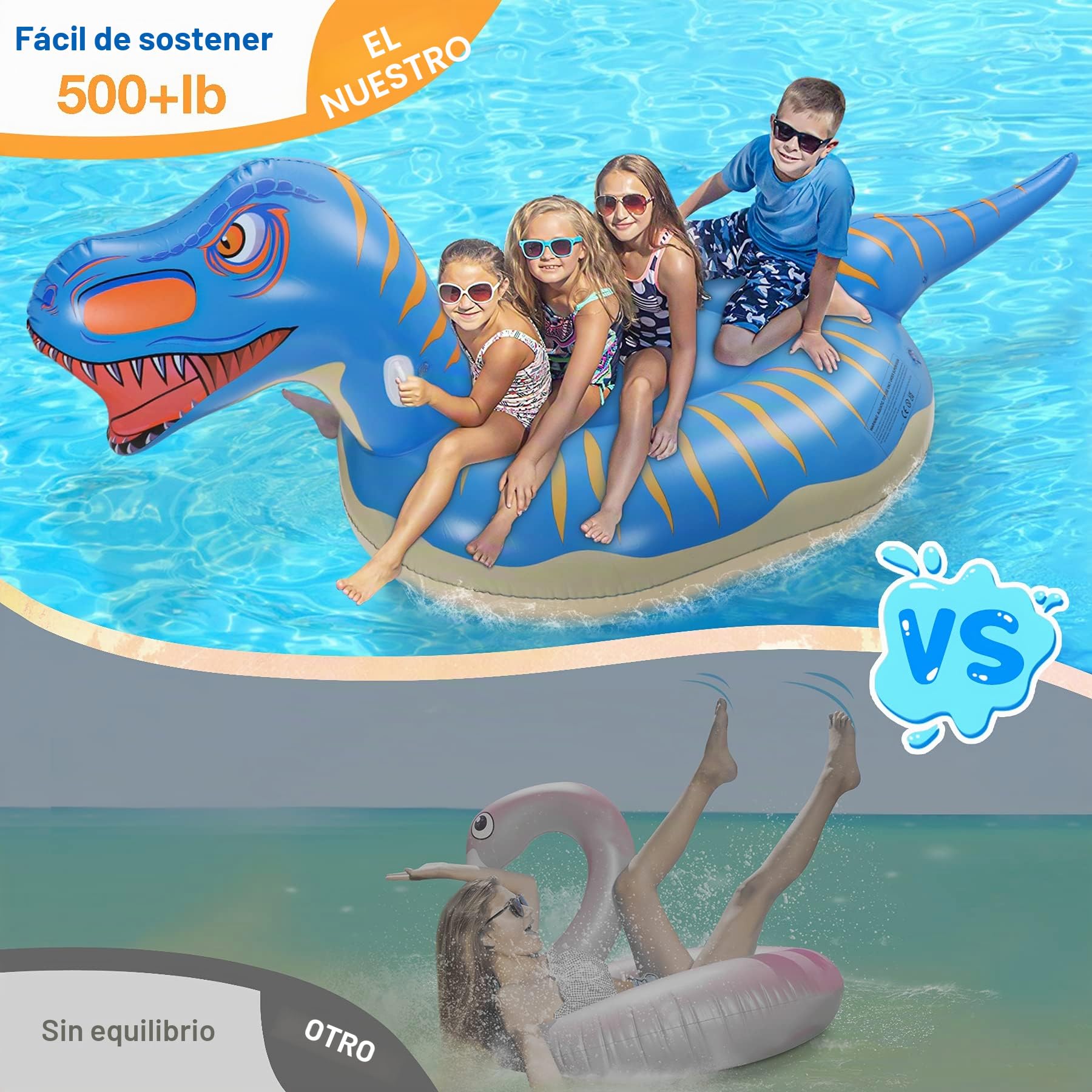 Flotador de Piscina Dinosauria, Colchoneta Hinchable, Flotador Gigante, con 2 Agujeros Inflables y 1 Pegatina de Parche, Piscina Playa, Verano para Adultos & niños (275×115×100cm)