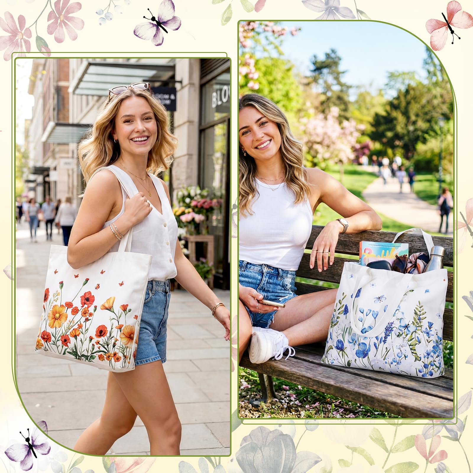 Bencailor 12 x Blumen-Tragetaschen, Leinen, Geschenktüten, wiederverwendbar, ästhetische Wildblumen, Einkaufen, Lebensmittelhandtaschen für Damen, Teeparty-Geschenke