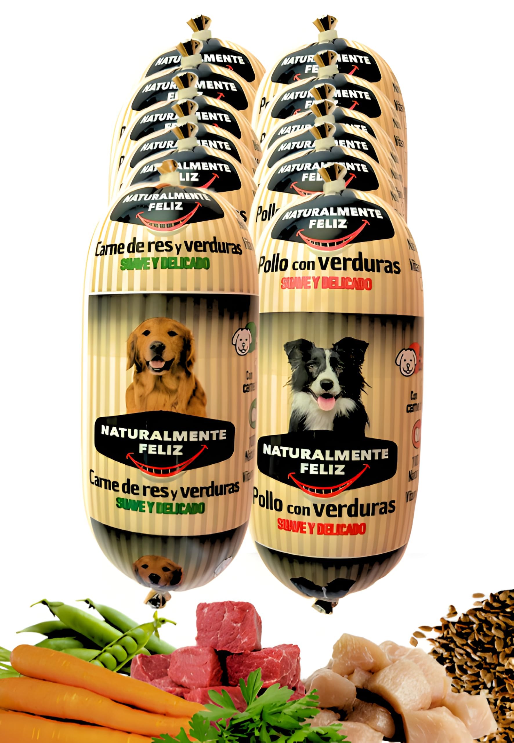 Naturalmente Feliz Alimento Natural casero para Perros, Comida húmeda con Carne Fresca y Verduras - 90% Carne (12x450gr) (Cocido Ternera/Pollo y Verduras)