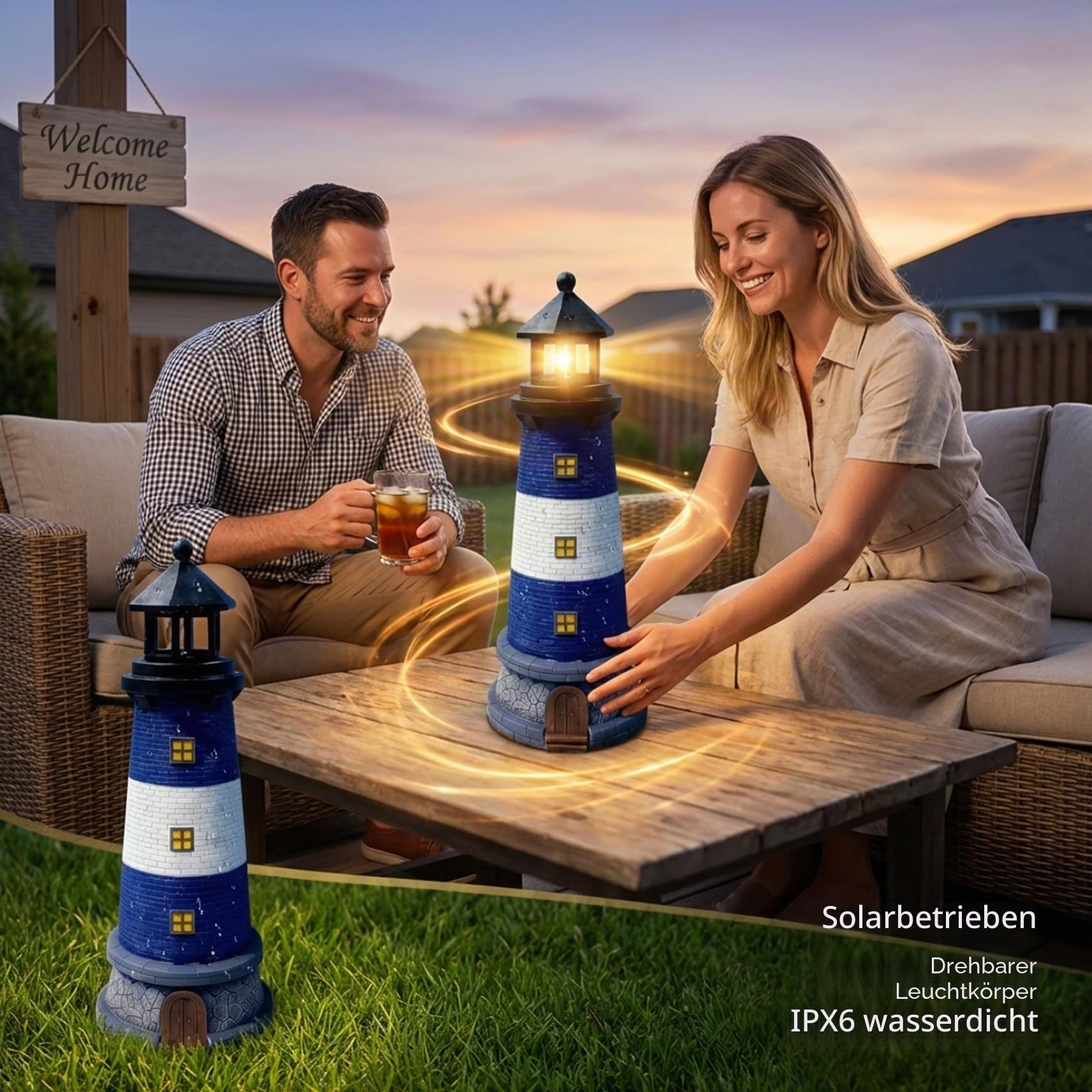 Leuchtturm Solarleuchte Solar Leuchtturm, Automatisch Drehbar Wasserdicht Außen für Hof, Terrasse, Boden, Tischdekoration, Blau