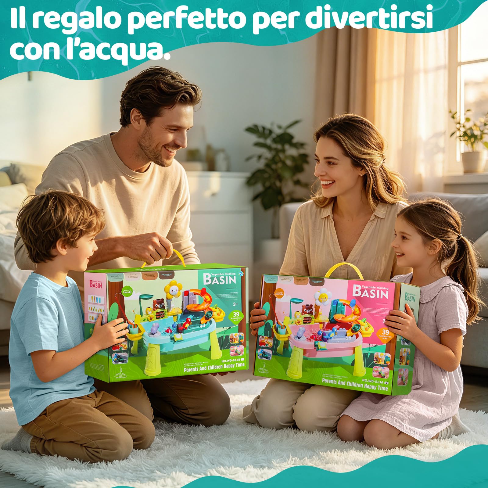 Lavandino Giocattolo con Acqua, Lavello da Gioco Cucina, Tavolo da Gioco ad Acqua per Bambini con Circolazione, Mulino ad Acqua Rotante, Giocattoli da Pesca per Bambini 3+ (Blu)