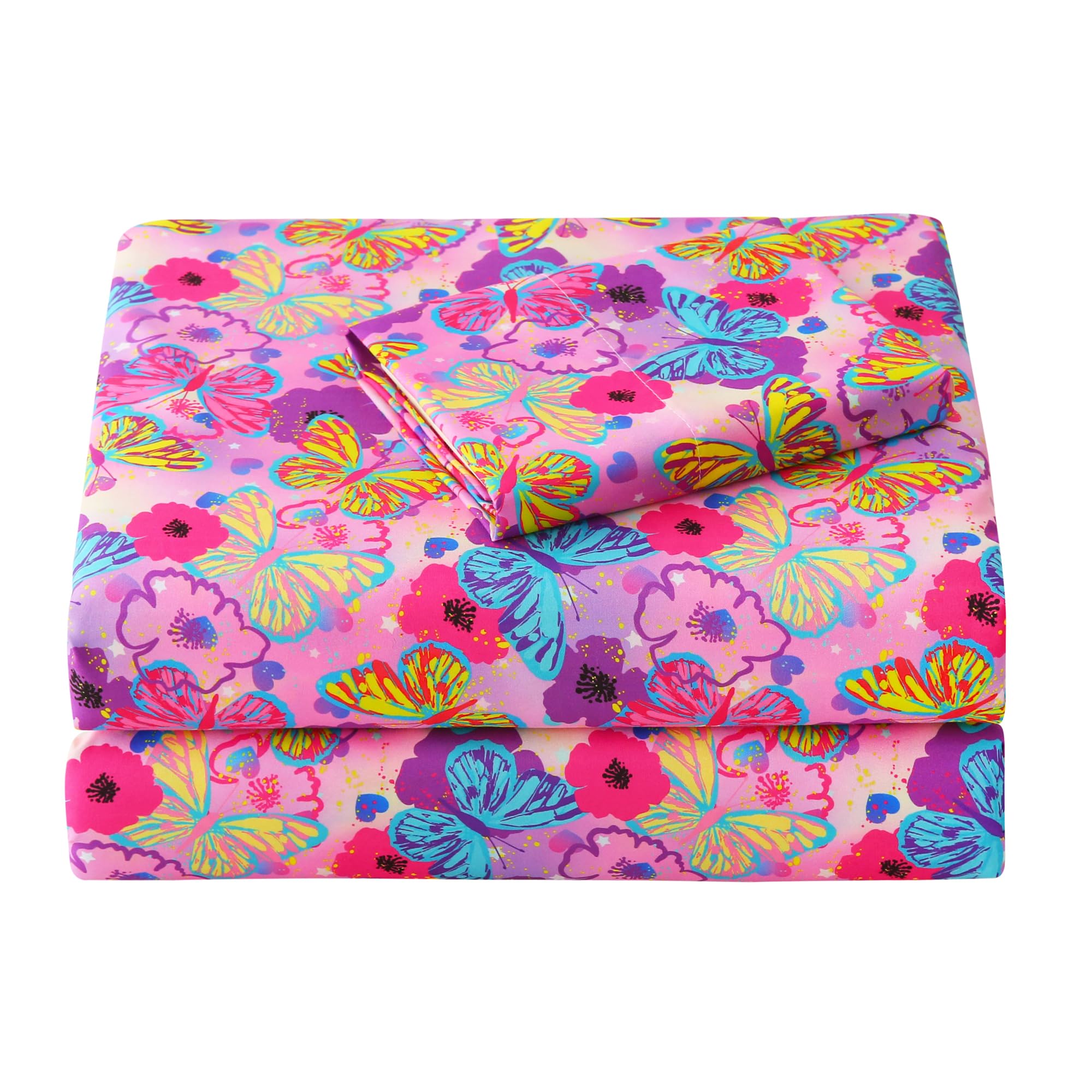 Viviland 3 Pieces Girls Butterfly Twin Sheet Set - Soft Microfiber Fitted Flat Sheets &amp; Pillowcase Bed Sheet Set - Pink Butterfly Bedding Sets for Kids
