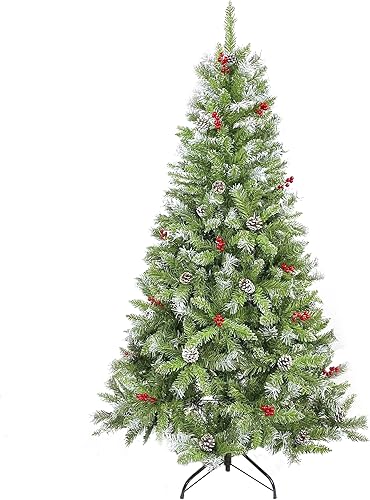 Árbol de Navidad artificial de PVC verde de 6 pies con piñas y bayas rojas árbol de Navidad con bisagras soporte de metal fácil de instalar para