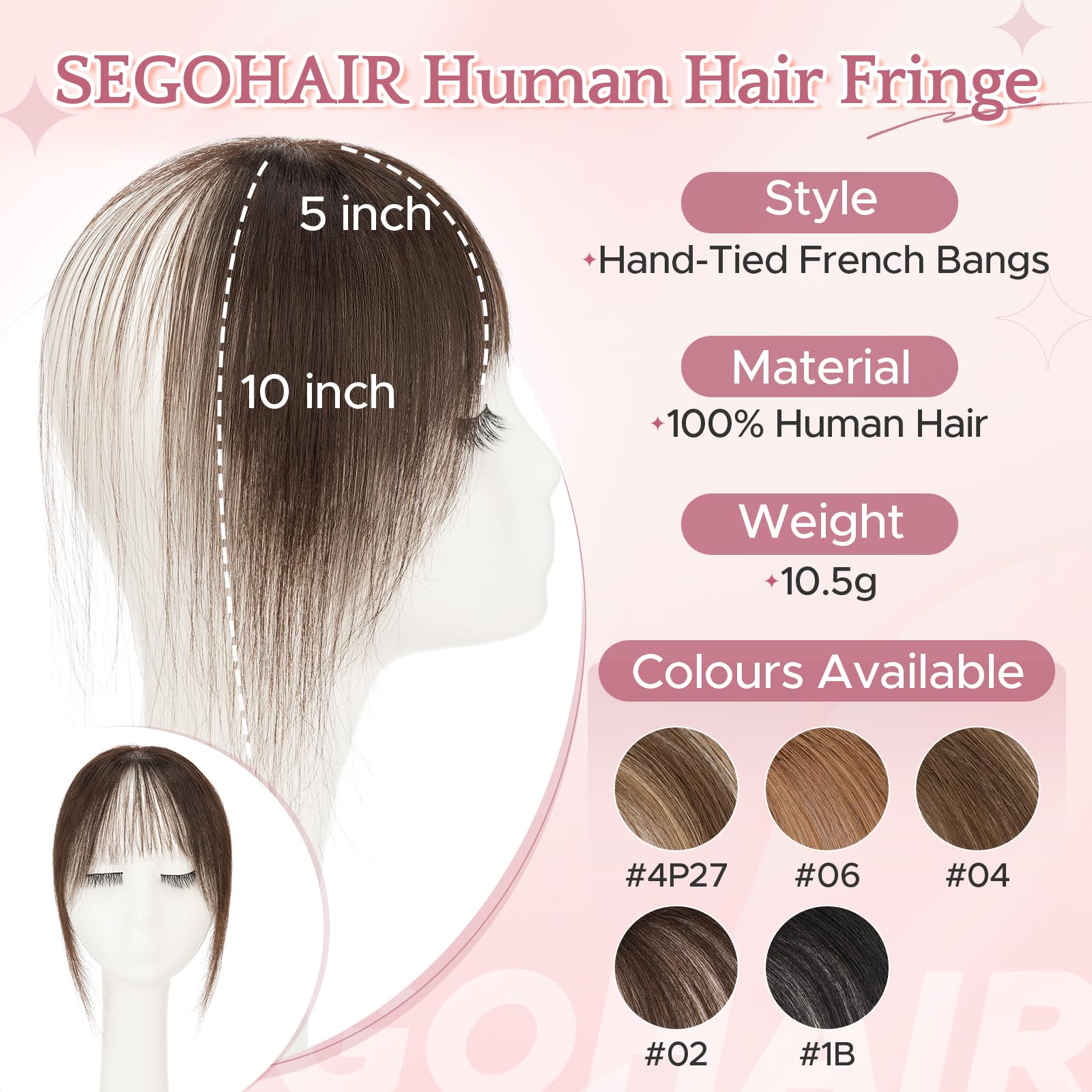 Clip in Pony pelo humano 100% Remy, flequillo francés aireado para sienes claros, extensiones de pelo natural anudado a mano para mujer, #2 marrón oscuro