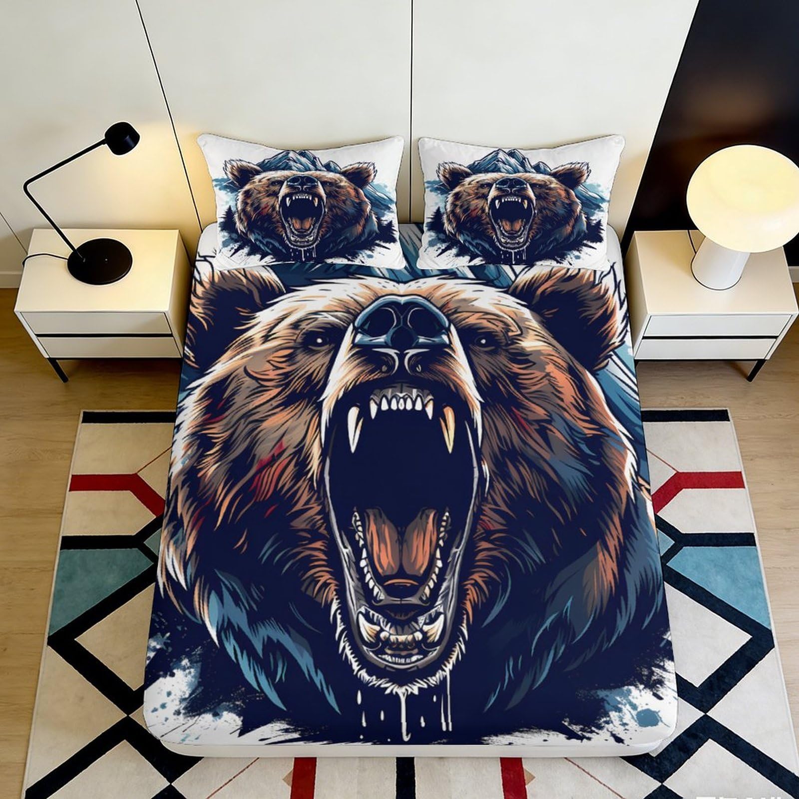 3D Printed Roaring Bear Fitted Sheet Microfiber Soft Durable Wild Animal Bed Cover for Bedroom Dormitory Guest Room Mattress Protection 200x200x25cm