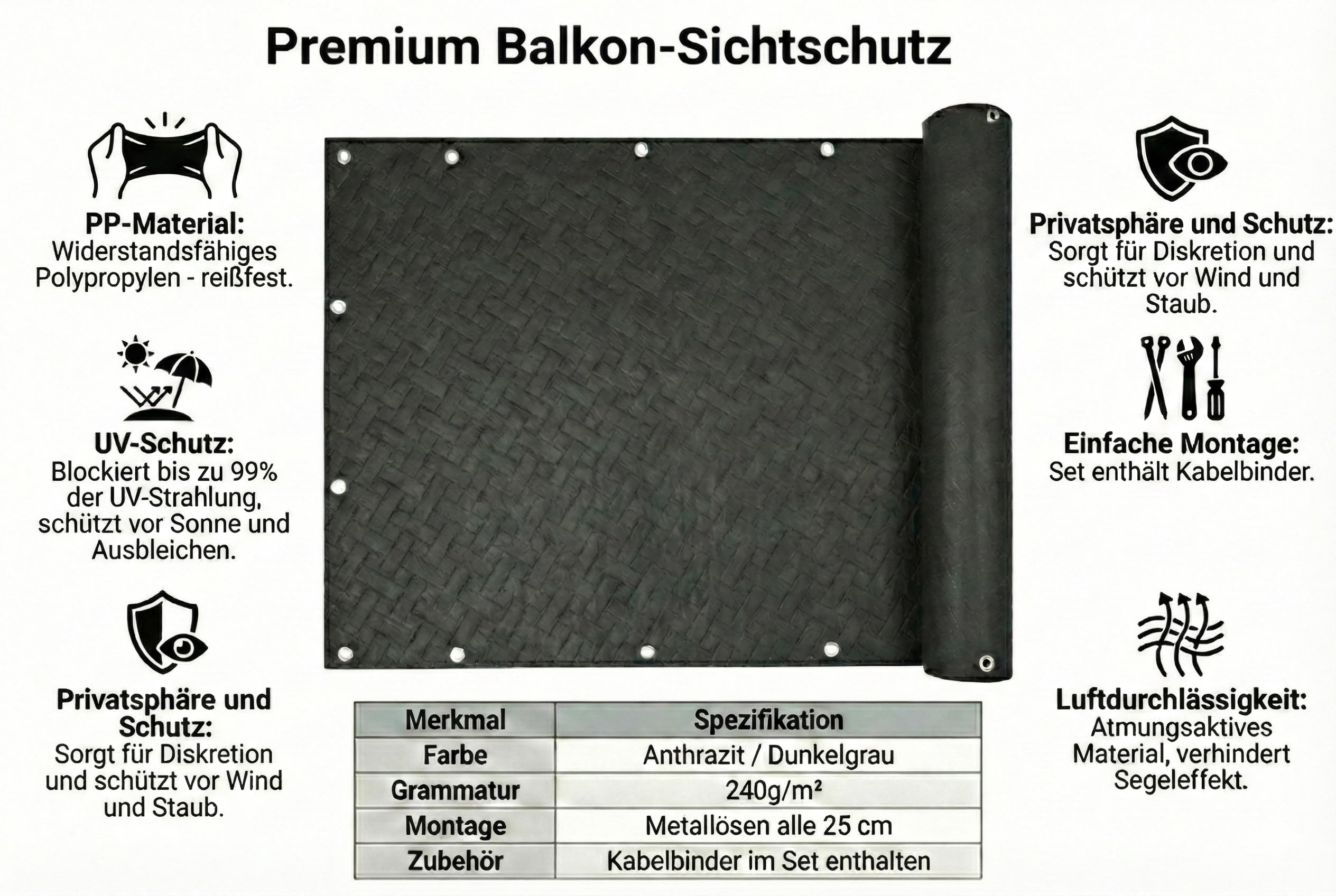 COVER IT Brise-Vue pour Balcon Premium 240 g/m² 50 x 700 cm Écran de confidentialité Tissage gaufré Graphite