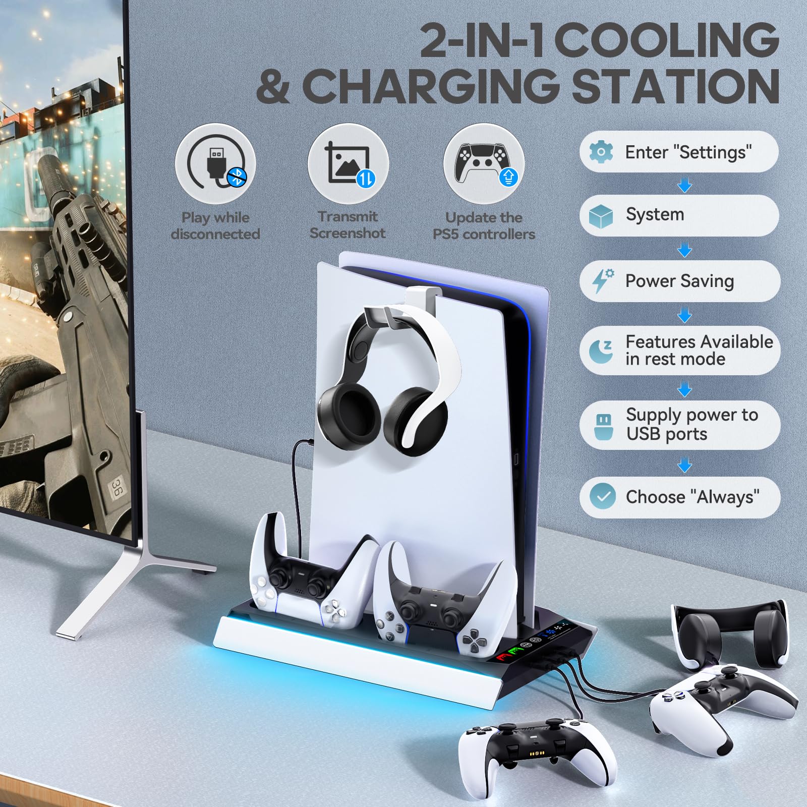 Support de Refroidissement PS5/Slim/Pro avec Ventilateur Automatique 3 Vitesses, Station de Ventilateur Vertical PS5 avec Chargeur de Manette, Base de Refroidissement et d'accessoires PS 5