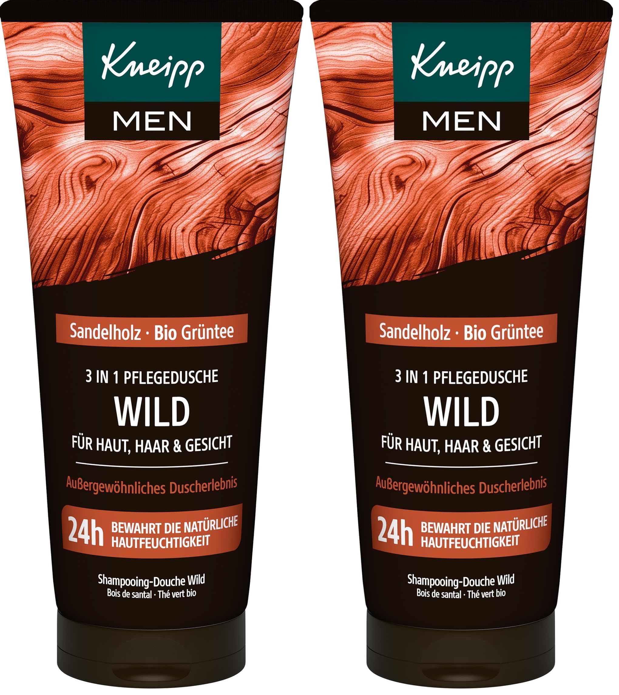 Kneipp MEN 3 in 1 Wild Duschgel - Sandelholz & Bio Grüntee - Für Haut, Haar & Gesicht - Verbessert das Hautgefühl - 200ml (Packung mit 2)