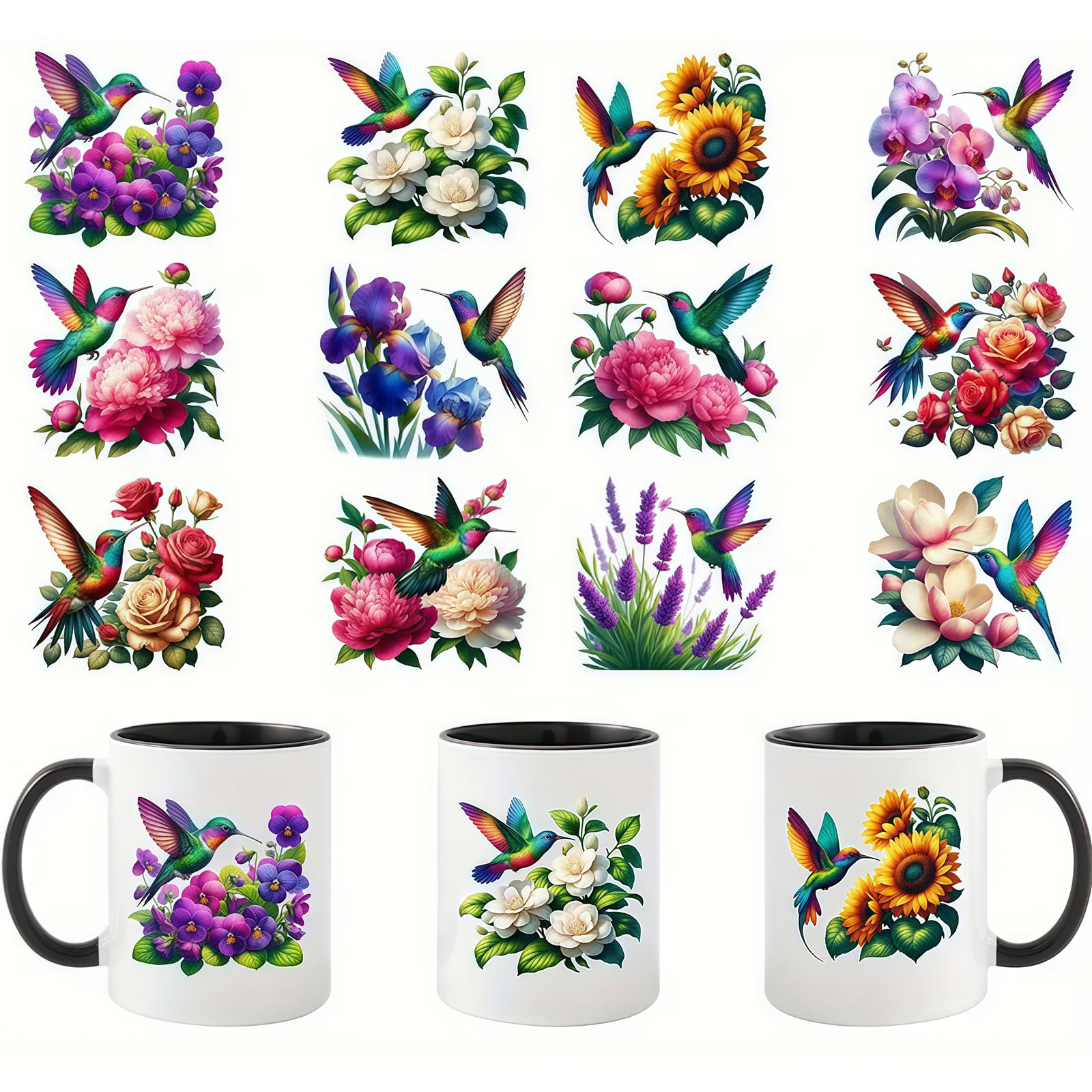 6pcs Hummingbird Flowers and Plants UV DTF Cup Wraps Winter UV DTF Transfer Sticker for Glass Cups Furniture Craft DIY Crafts，Rub on Transfer Stickers