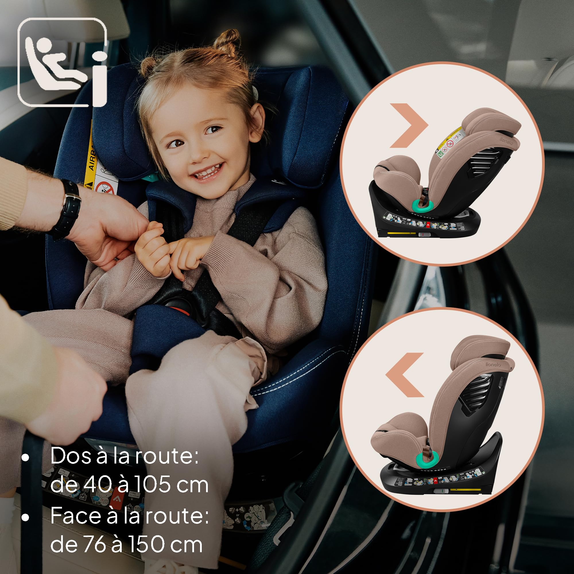 Lionelo BASTIAAN ONE I-SIZE Siège Auto Pivotant 360°, de 0 à 36 kg ISOFIX | Installation Face et Dos à la Route, Groupe 0/1/2/3, (40 à 140 cm) pour les Enfants, ISOFIX Sangle TopTether