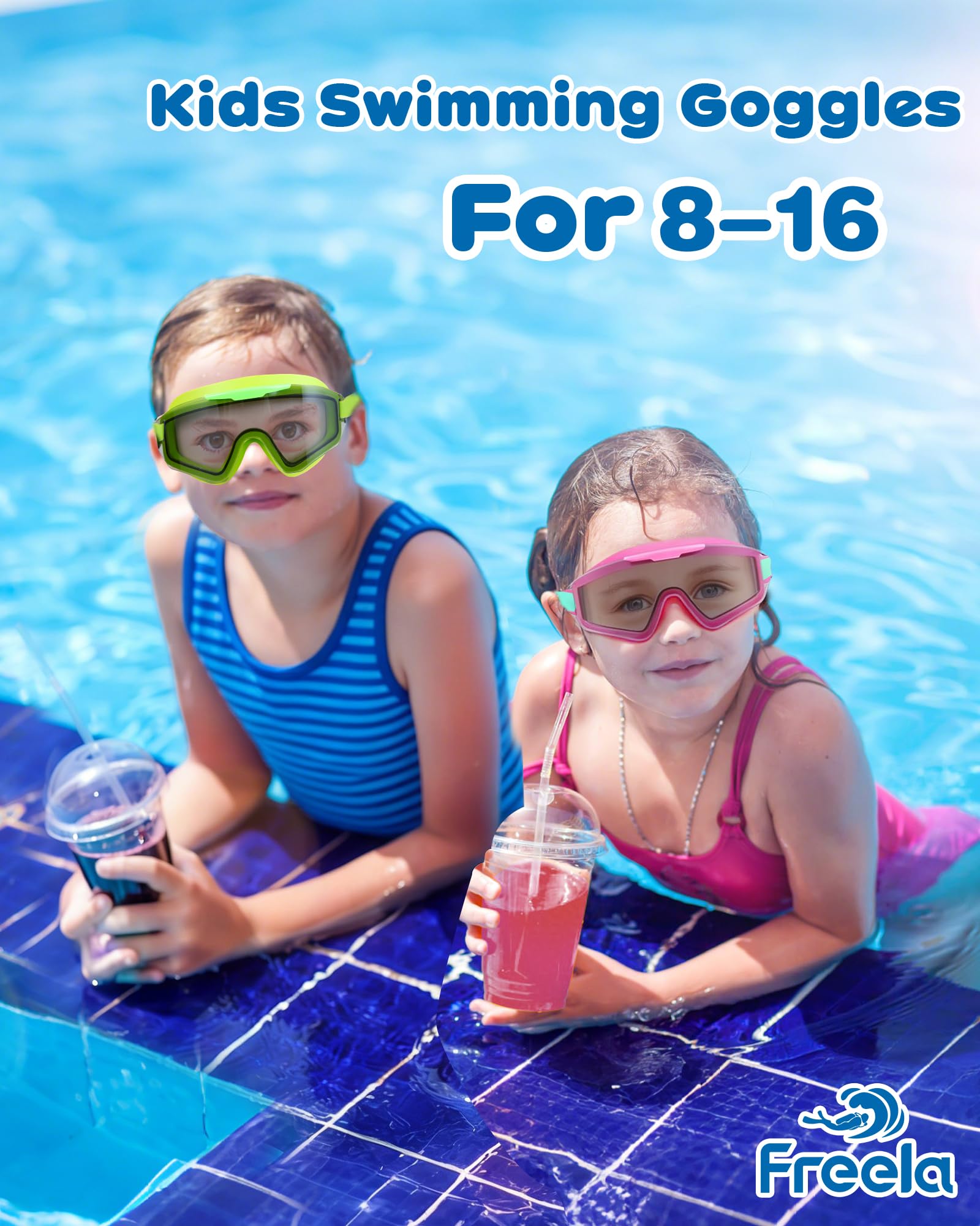 Freela Kinder-Schwimmbrille für Kinder von 8–16, Anti-Beschlag, UV-Schutz, extra Silikonschicht, Schwimmbrille für Jugendliche, Jungen, Mädchen, 2 Stück