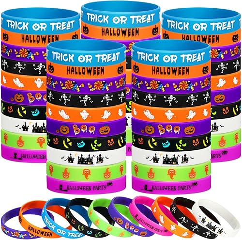 Hiboom 100 pulseras de goma de Halloween a granel, regalos de fiesta de Halloween, regalos de dulce o truco, rellenos de bolsas de golosinas,