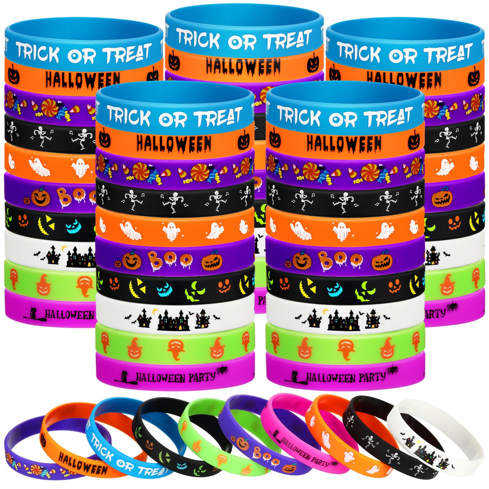 Hiboom 100 Pcs Halloween Rubber Bracelets - 10 Styles, Party Favors & Gifts, Goodie Bag Fillers, Supplies & Giveaways