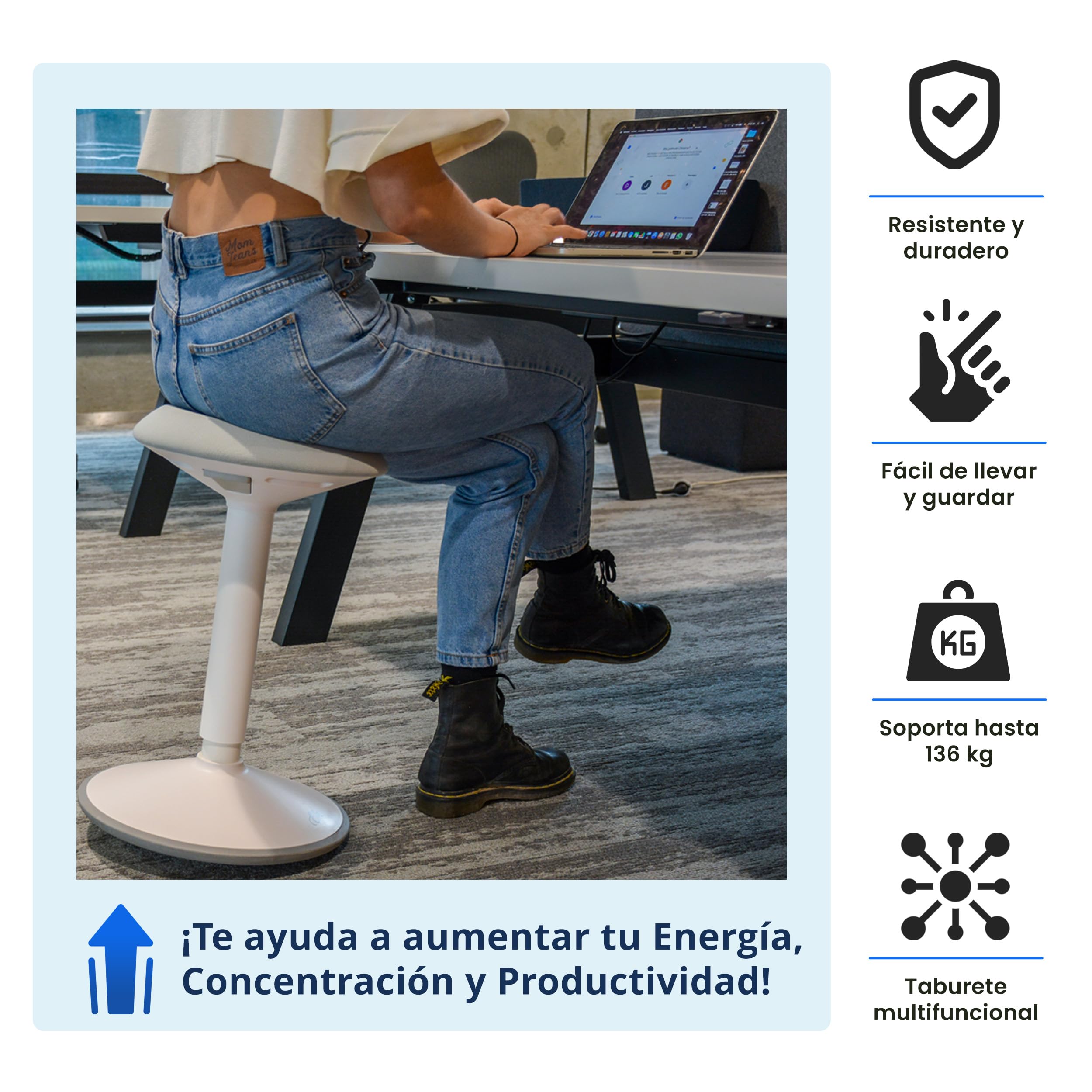 Backerz Taburete Silla Escritorio - Silla Oficina Ergonómica con Altura Regulable de 55 a 80 cm - Taburete Silla Ergonómica con Efecto Columpio Revestido con Tela Repelente al Agua, Negro Mate