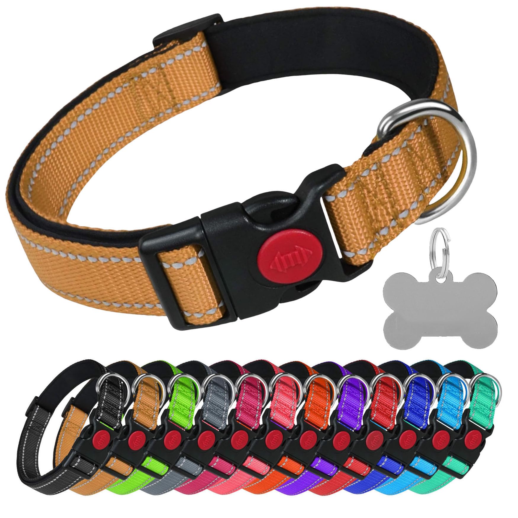 LARRYROO Reflective Dog Soft Padded Nylon Collar | Slide Lock Safety Buckle | Fully Adjustable With Personalised Engraved Silver Bone Shaped Tag (Gold, Extra Large (45cm - 70cm Neck))