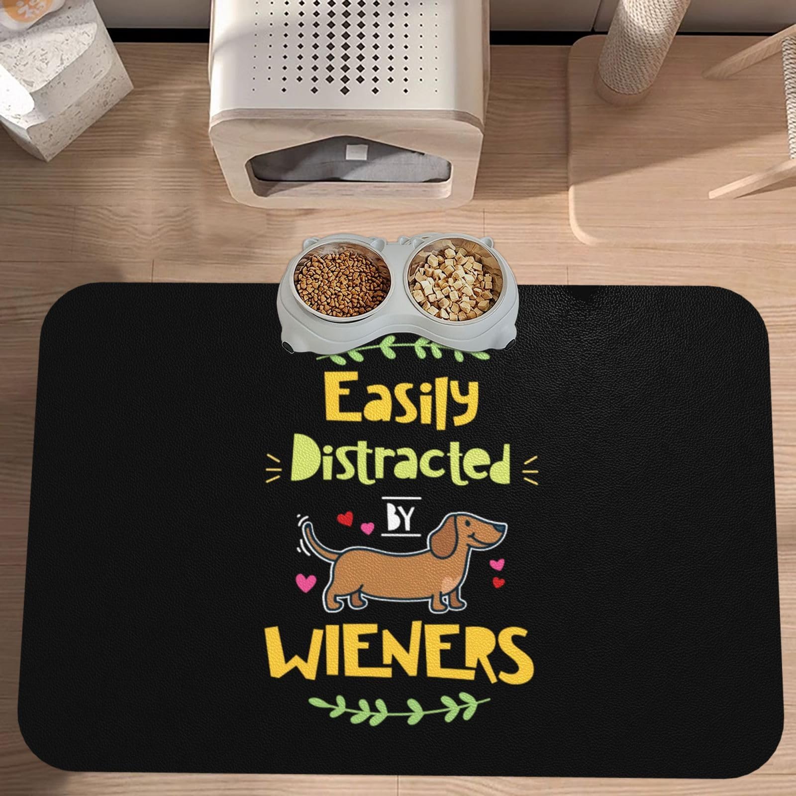 Wiener Cute Dog Absorbent Dog Mats for Food and Water Waterproof Pet Bowl Liner Anti-Slip Dog Feeding Mats Quick Dry Pet Placemat to Protect Floors