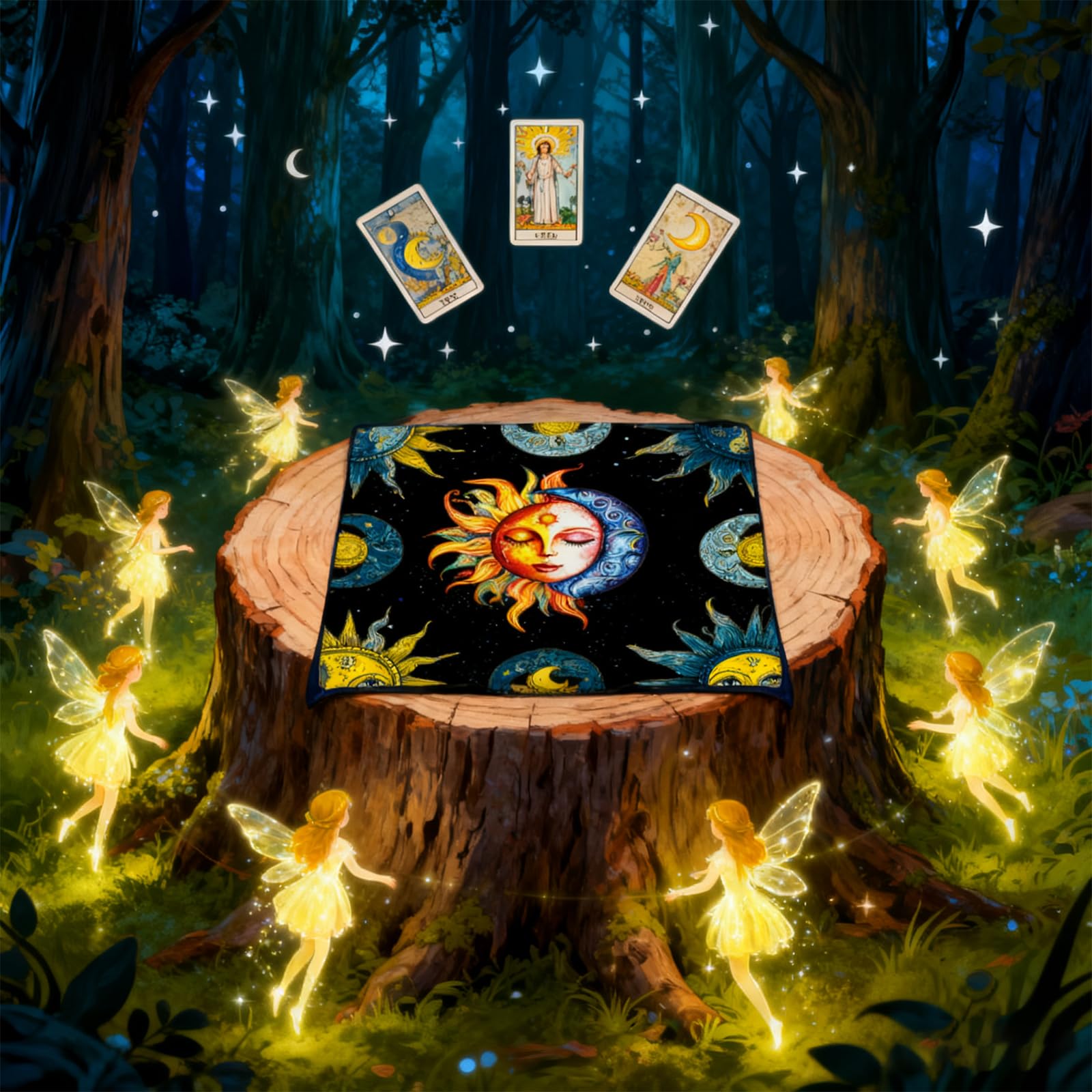Mantello per Carte dei Tarocchi Nero con Simboli della Luna e del Sole, Tappetino da Lettura per Divinazione, Perfetto per Principianti e Esperti, Facile da Piegare e Trasportare
