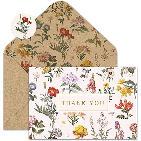 Whaline 24 Pack Wildflower Thank You Cards: Vintage Floral Greeting Cards Expressing Appreciation