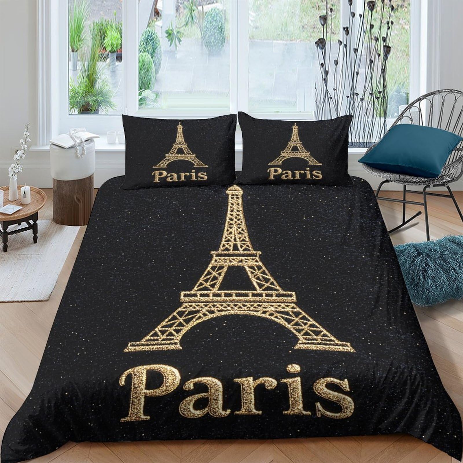 Ctjqhvkz Style-6 3D Printed Eiffel Tower Paris Fitted Sheet Microfiber Black Gold Bed Cover For Bedroom Guestroom Dorm Mattress Decor Single（135X200cm）