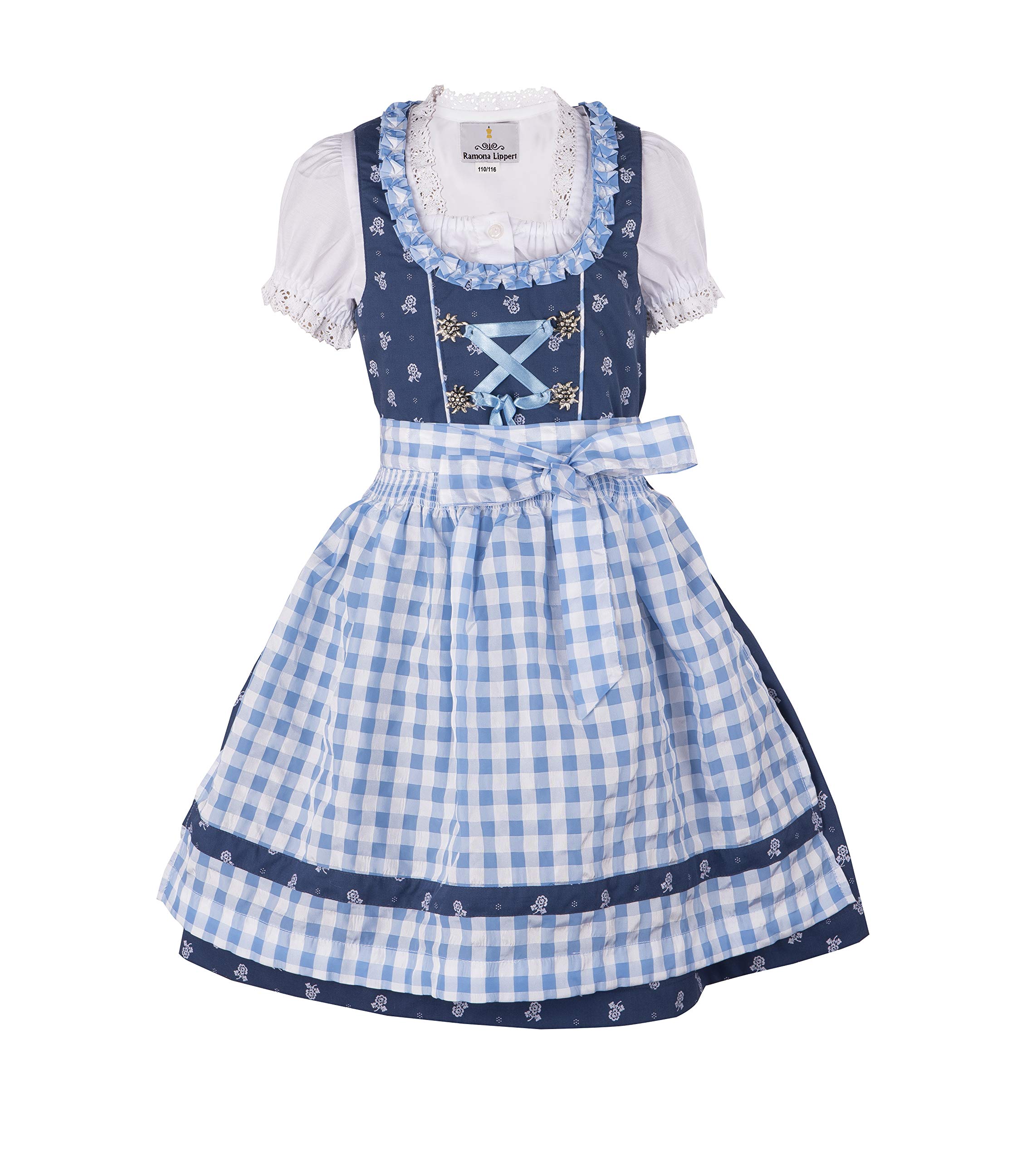 Ramona Lippert® - Dzieci Dirndl dla dziewczynek - dirndl dziecięcy Chrissi niebieski - 3-częściowa sukienka ludowa - moda ludowa - ludowa sukienka z fartuchem..