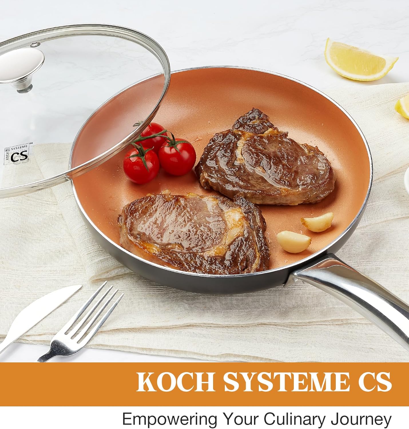 KOCH SYSTEME CS 10in Copper Nonstick Frying Pans with Lids and Titanium Ceramic Interior,100% PFOA-Free Saute Pan/Skillet for All Stove Tops,Stainless Handle,Omelet Pan Cookware