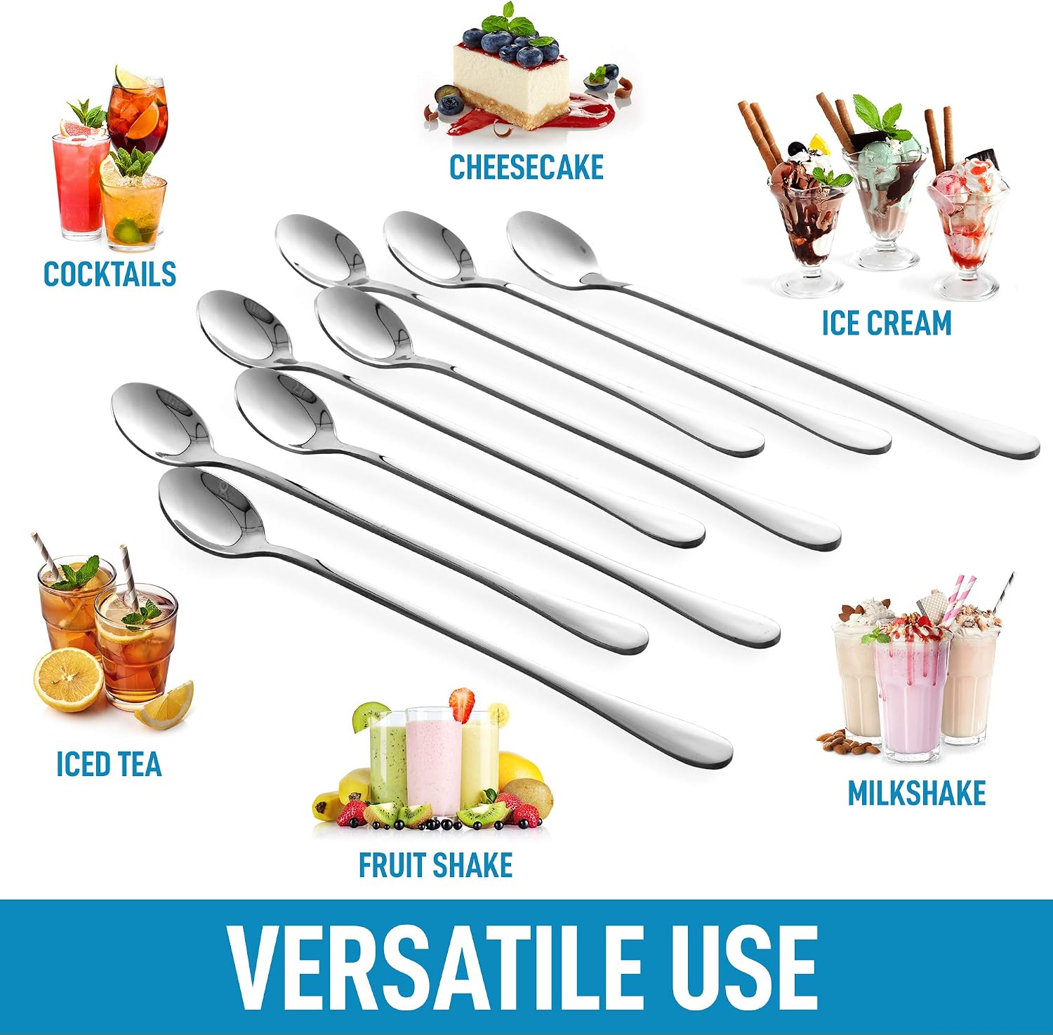 Zulay 8-Piece 9-Inch Iced Tea Spoons With Long Handles - Stainless Steel Ice Cream Spoon, Coffee Spoon, Dessert Spoon, or Stirring Spoon - Multipurpose Tea Spoon Set For Sundae, Cocktails, & More