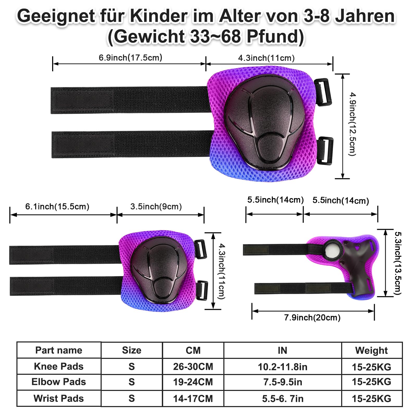 Knieschoner Kinder 3-14 Jahre,6-TLG.mit Ellbogen- und Handgelenkschutz passend für Jungen und Mädchen,Kinder Knieschoner Set für Inliner Skates Scooter Fahrrad Rollschuhe