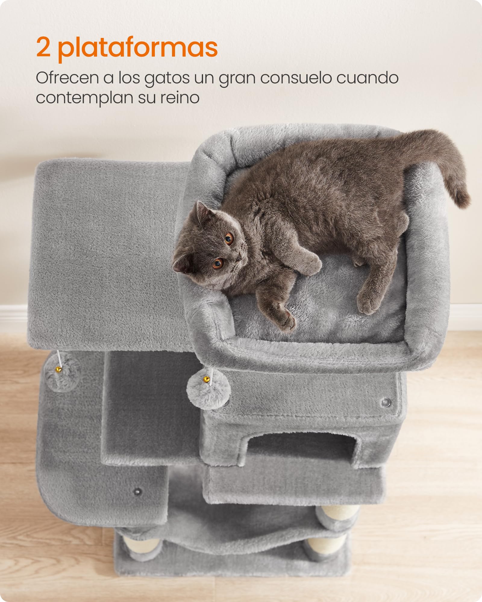 Feandrea Árbol para Gatos, Altura 112 cm, Torre de Gatos, con 4 Postes Rascadores, 2 Plataformas, 1 Cueva, 1 Hamaca, 2 Pompones, Tela de Felpa, Multinivel, Gris Claro PCT261W01