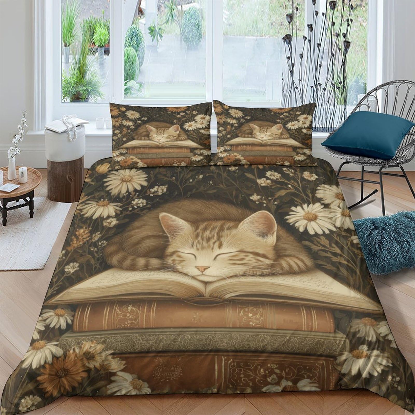 Ctjqhvkz Style-2 3D Printed Sleeping Cat Book Fitted Sheet Microfiber Soft Floral Mattress Cover For Bedroom Guest Room Decor Single（135X200cm）