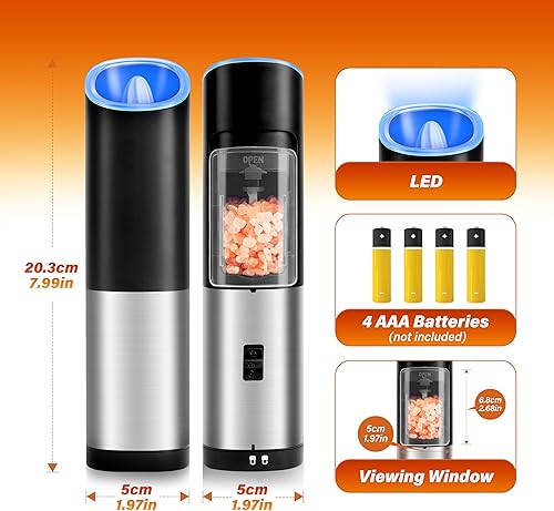 Miniatura 4 de Simple Deluxe Juego de molinillo eléctrico de sal y pimienta de gravedad mejorado, grosor ajustable, con luz LED azul, operación automática con una