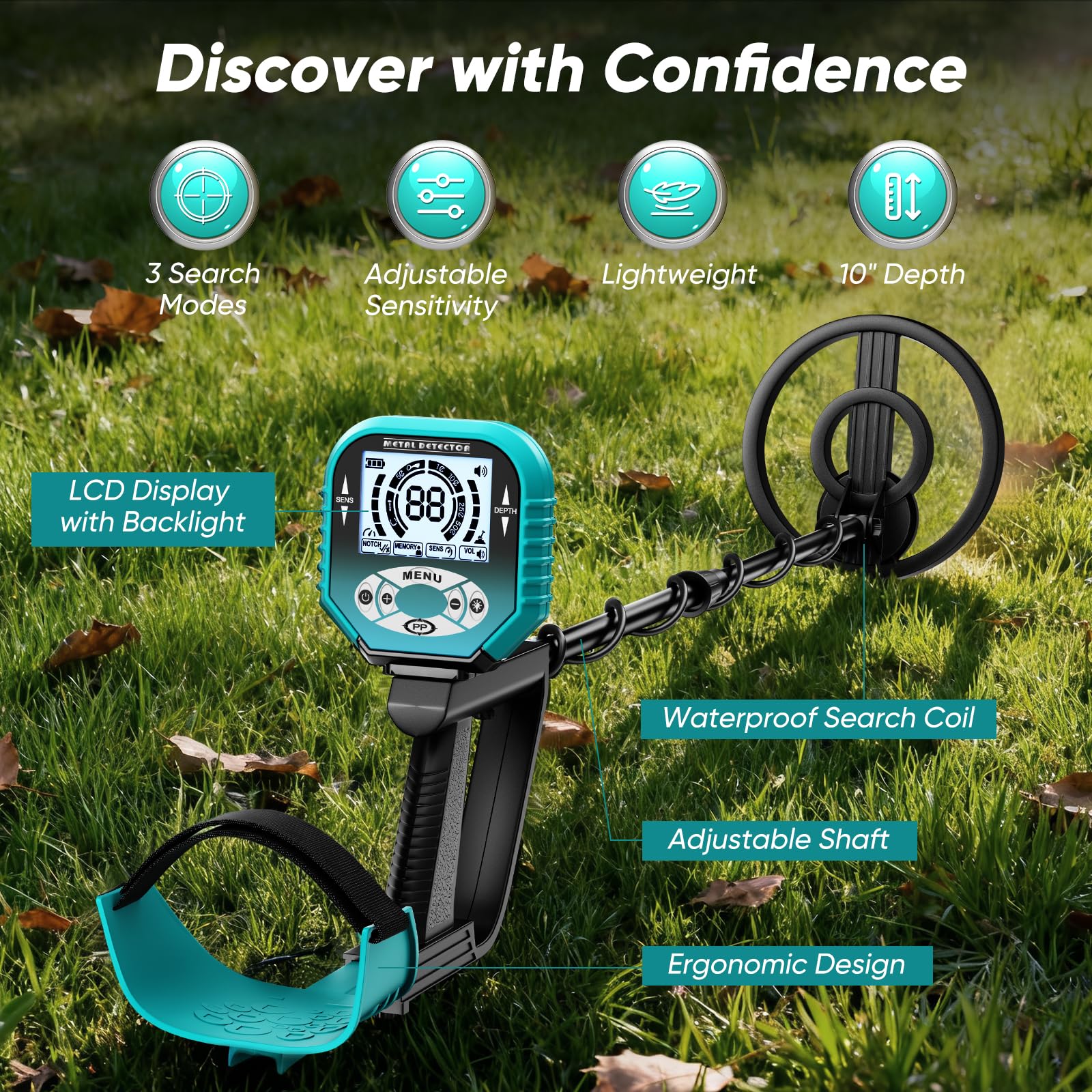 Détecteur de métaux pour Adultes et Enfants, Professionnel léger, Bobine étanche IP68 20 cm, 3 Modes de Recherche, LCD rétroéclairé, Profondeur 25 cm pour Plage et Jardin (Bleu)