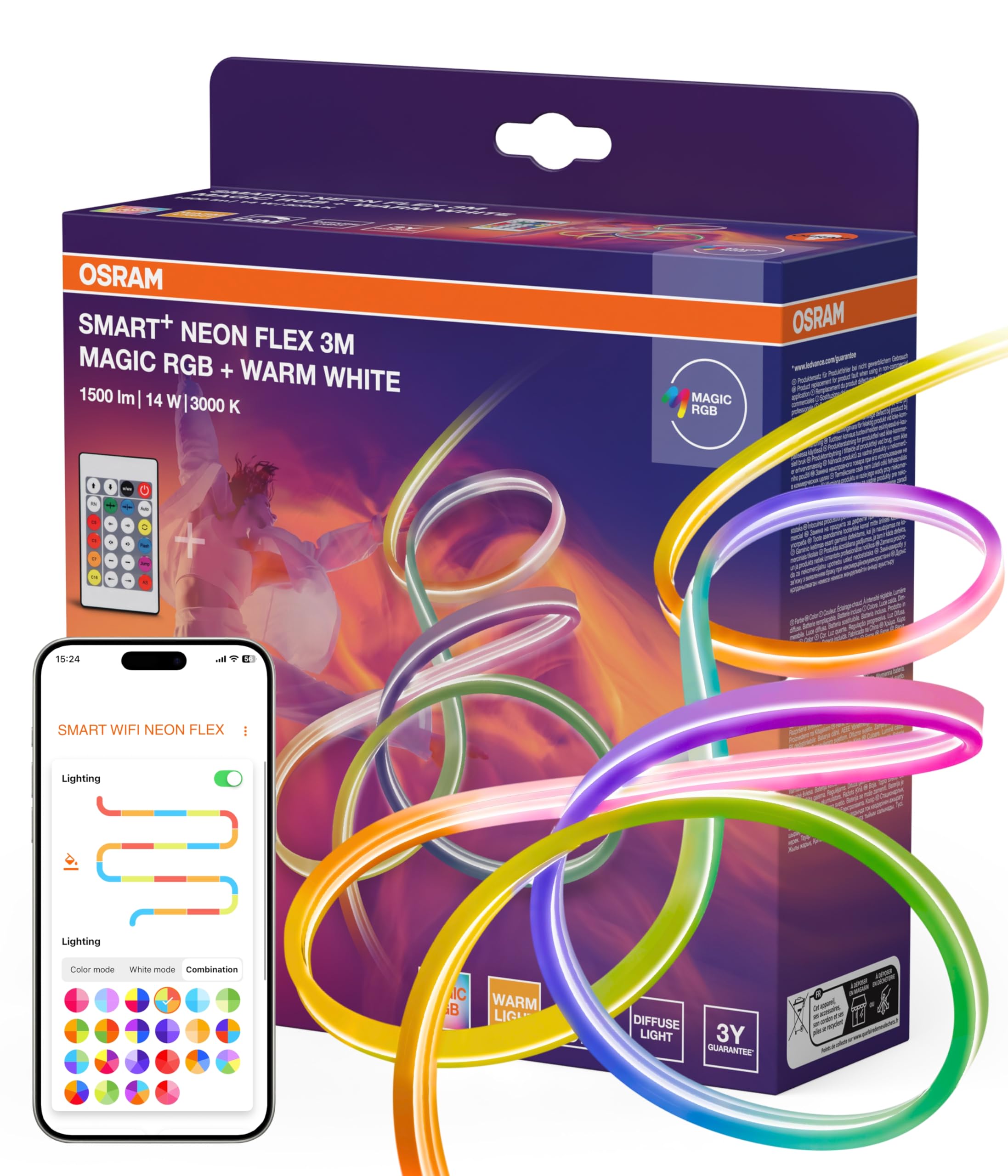 OSRAM SMART WIFI NEON FLEX MGC RGB TW RC kolorowe i białe paski LED do zastosowań zewnętrznych z technologią WiFi i równomiernym rozsyłem światła, możliwość ściemniania, biały, silikon, 3 m,